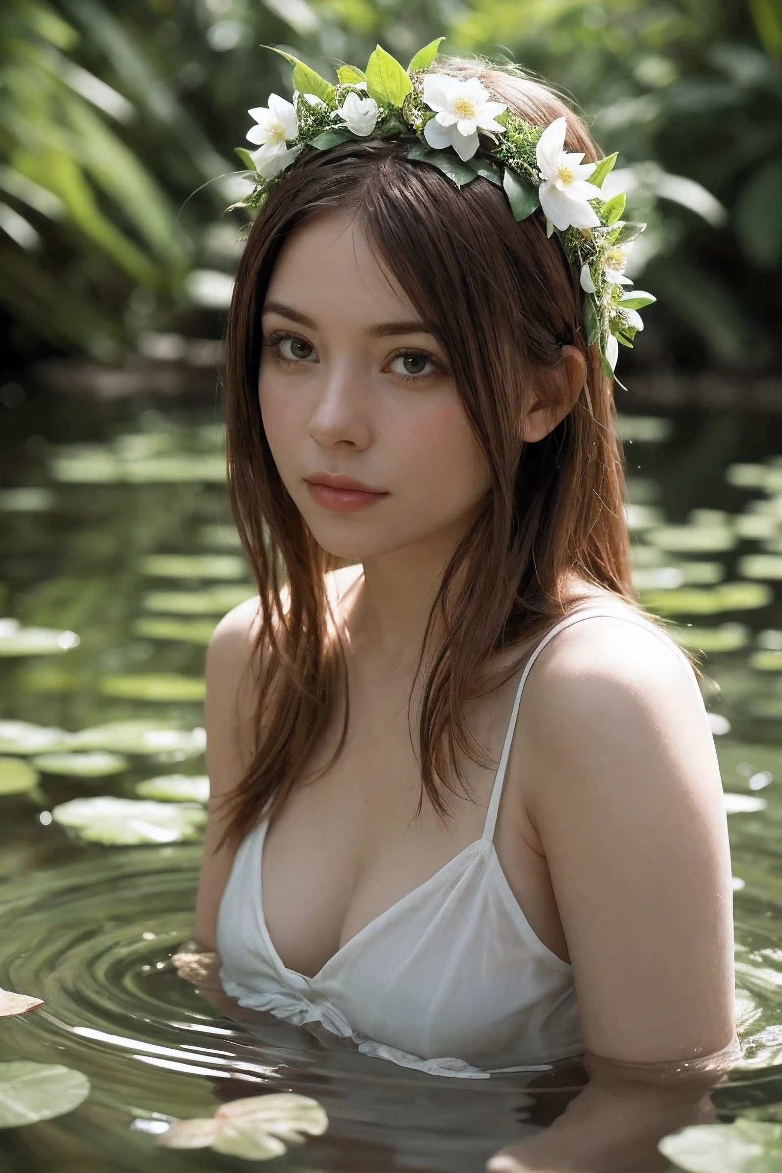 forest lily pond, Ginger woman relaxing in water, nervous expression, upper body portrait, pure white cloth, Nature, corolla, eye contact, breath-taking scenery, summer, shallow view deep, vignette, Very detailed, high budget hollywood movies, Bokeh, Cinemascope, moody, epic, Gorgeous, film grain