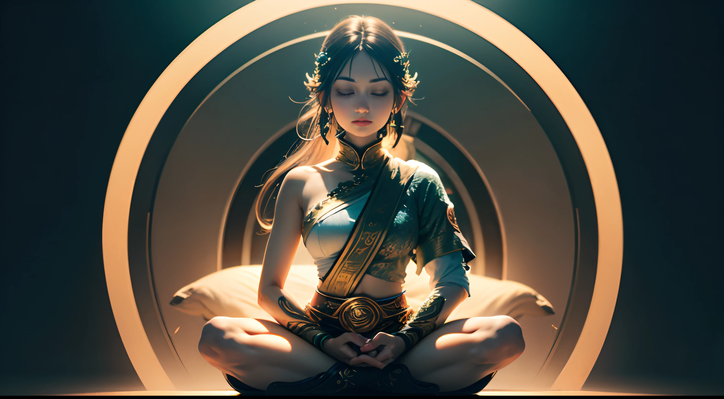 (Highly detailed CG Unity 8k wallpaper, floating, high color saturation), Masterpieces of Uma Imadem, highest quality, super detailed, very delicate and beautiful, Silhouette of Uma Pessoa sitting in lotus position, meditating, Visually emphasizing the main chakra and its vibrant colors.