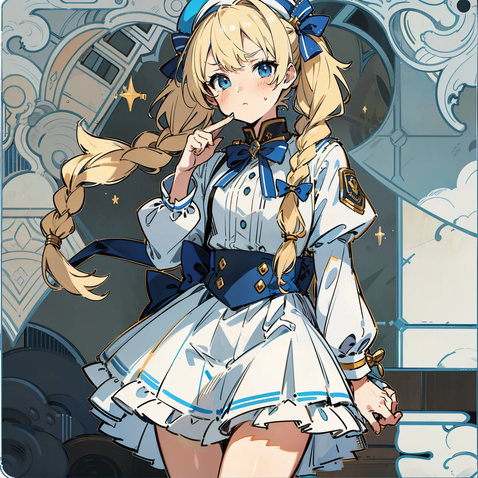 Extreme refinement, 1girl in、tsundere look、scowl, A pure girl, plain white dress, military style, blue accents, gold hardware, short pleated skirt, mage outfit, Lolita, military Lolita, miniskirt, beret, blue accents, babydoll dress, long wavy hair, blonde hair, platinum hair, pigtails, braided pigtails, blue eyes, innocent, pure, angelic shoujo, 2000’s anime style（) ( body) (very thin) (no curves)