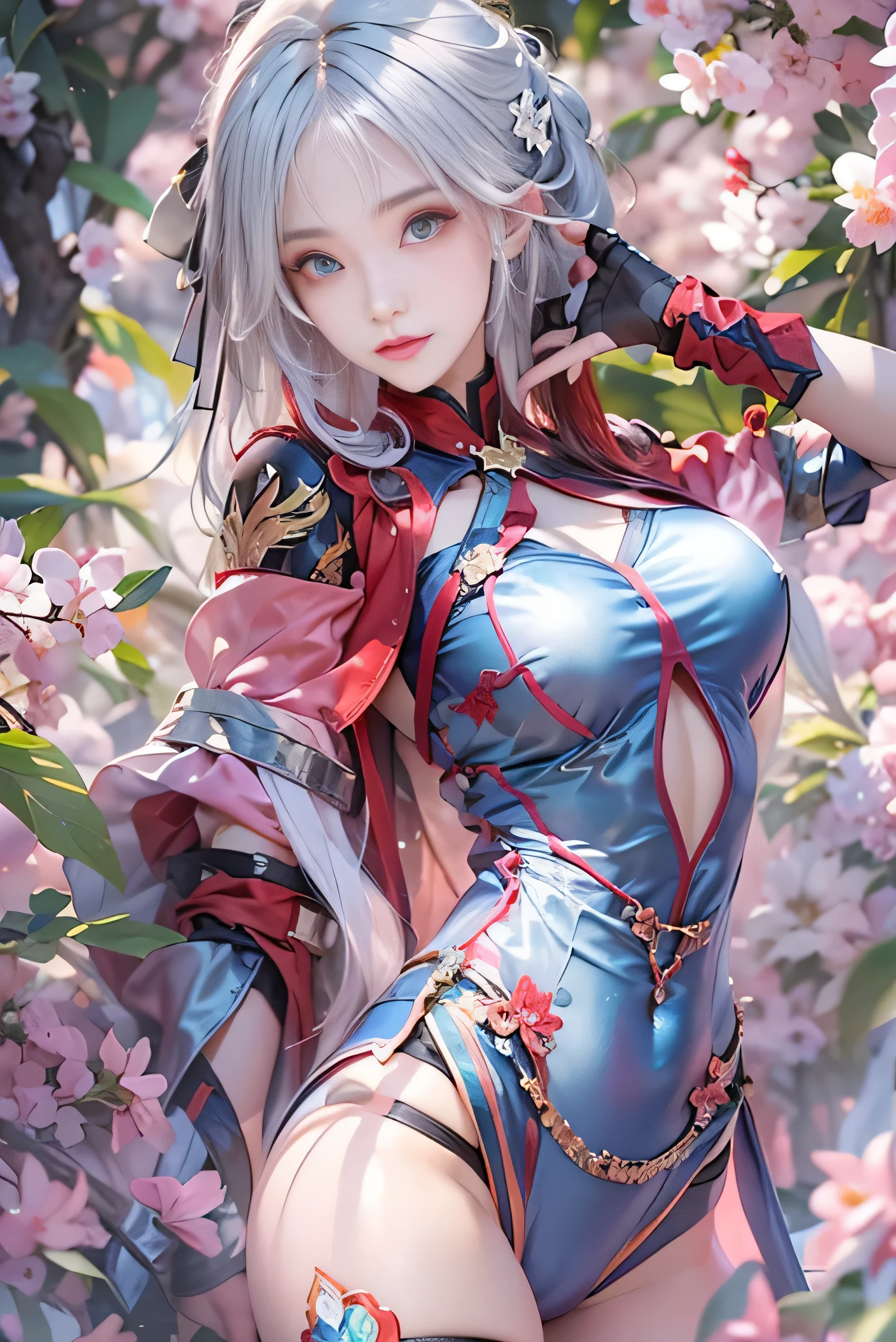 (photorealistic:1.8, highest quality:1.8,8K masterpiece:1.8,High resolution,muste piece:1.8,RAW Photos,like a movie,Red and purple dream-colored lighting system),one young woman、(armored leotard、choker、knee high tights、loafer shoes)、(beautiful detailed blue eyes:1.7、double eyelid:1.6、Beautiful skin with glowing details:1.2、small face、whole body)、(from below:1.5、Take a look at the viewer:1.5)、(medium hair:1.2、Beautiful shining blue and white hair:1.5)、expression(gentle smile、face turns red:1.3)、(chest:1.3)、Pause(open your legs、A fascinating pause:1.5) background(Cherry tree、Bright forest with blooming flowers)、(detailed perfect face)、Nipples are visible through the costume、anatomically correct、correct move:1.5、correct foot:1.5 、Fingers in the correct proportions、(cameltoe)、No split screen、slender abs:1.2、(Young functional gravure idol)