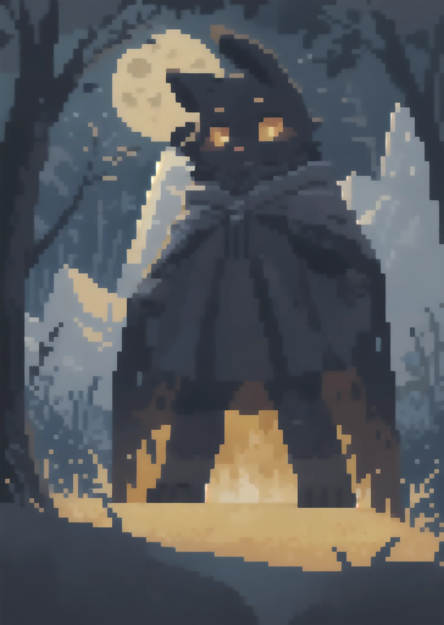 black furry bunny standing under the moonlight wearing a cloak and has glowing yellow eyes , dark background, high detail, no light, Pixel art of a woods landscape in the middle of the night, mistic, full moon, moonlight, (flat shading:1.2), (minimalist:1.4)