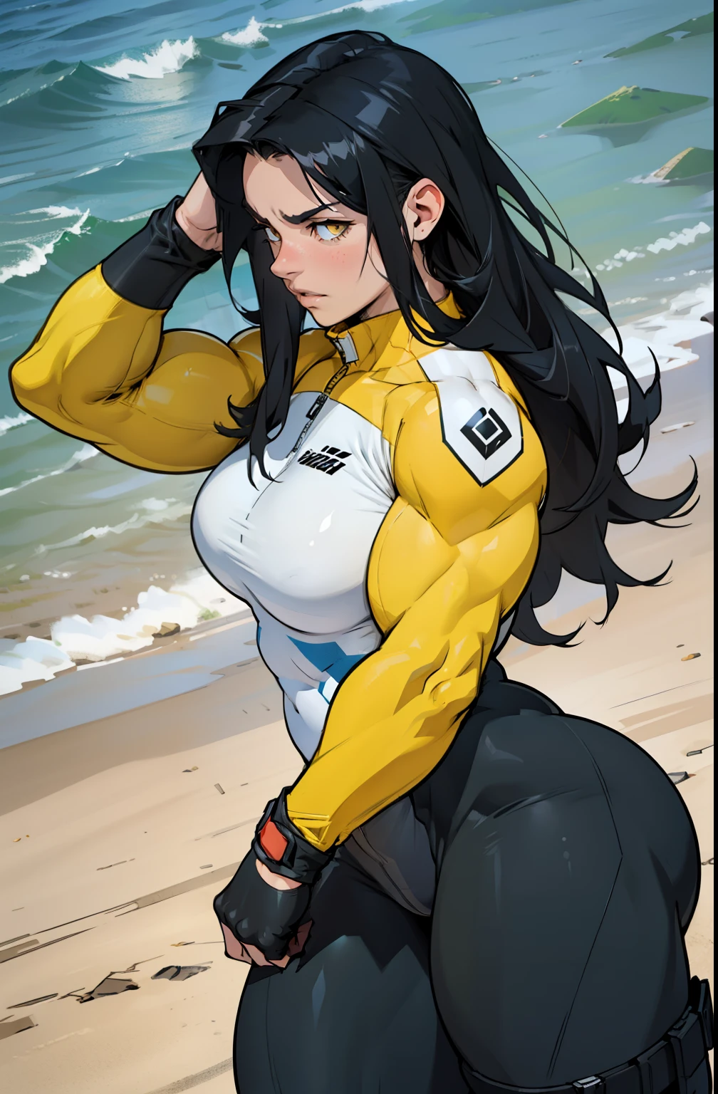 best quality (((((girl muscular thick thighs))))) (full bodysuit cowboy-shot from side from above) pale skin black hair yellow eyes very long hair angry