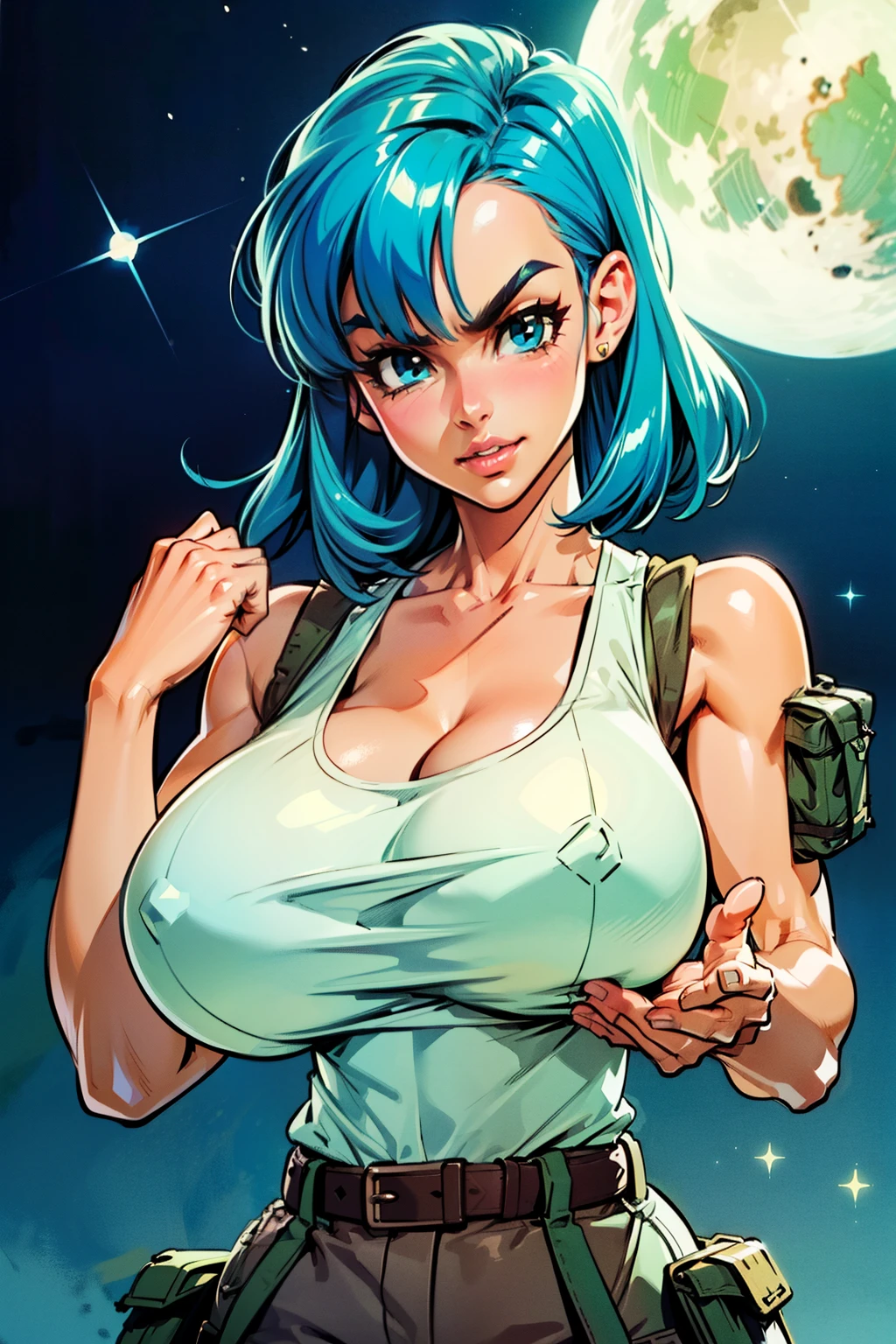 Waifu, masterpiece, curvy, breasts, moon, full moon, gloves, 1girl, clenched teeth, ((bulma)), cleavage, large breasts, teeth, aqua hair, ((white tank top:1.2)), blue eyes, rating:explicit,rule34, hardcore, tits,clenched hands, night, sky, ((brown cargo pants:1.4)), bare shoulders, blue hair, clenched hand, rating:questionable, (((hairtype 4C:1.5))), belt, solo, angry, lip biting(gigantic and massive tits:1.1), breasts, official illustration, illustration, detailed face, beautiful intricate eyes, curvy milf, 1:2), closeup, titsnipples