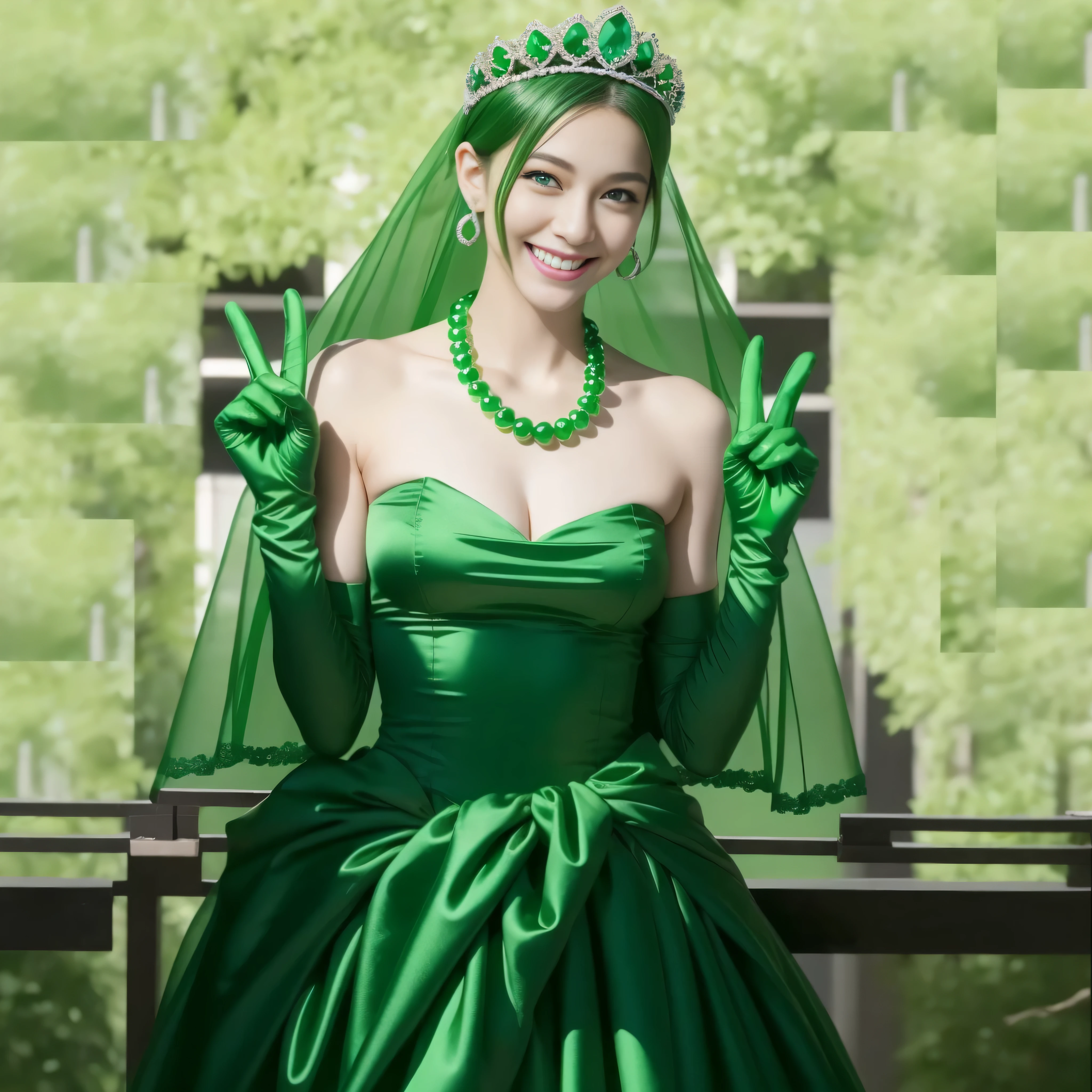 emerald tiara, Green Pearl Necklace, Boyish green berry short hair, lipstick, Smiling Japan woman, very short hair, big breasts beautiful, green eyes, Green long gloves made of satin material, green eyes, v sign, emerald earrings, green gloss