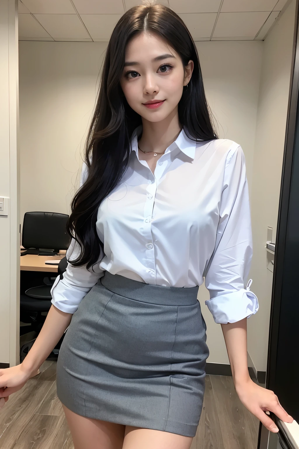 highest quality, masterpiece, 8k, ultra high resolution, (realistic: 1.4), 1 girl, beautiful face, symmetrical eyes, big, perfect body proportions, ((long hair、Little wave))、Office Lady, business suit、collared shirt、Tight Skirt、the gaze of the beholder, (Inside the company: 1.2), Front view, Absolute area (1.3),friendly smile