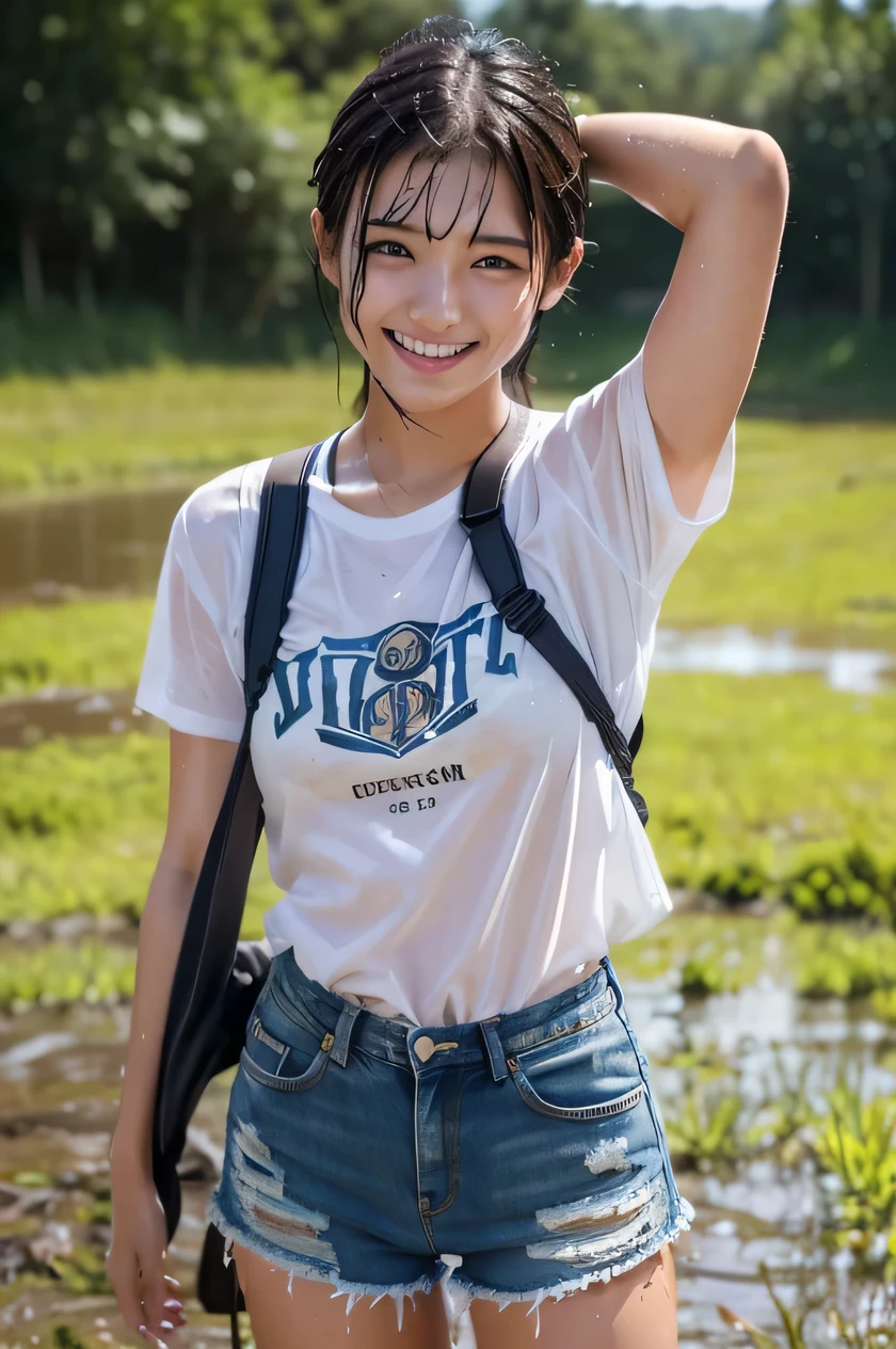 (masterpiece, best quality:1.2), cowboy shot, Japanese high-school student, big smile, looking at viewer, Show the armpits, (denim shorts:1.2), wet muddy field, dripping with mud, muddy arms, muddy hair, covered all over, muddy face, muddy hair, wet clothes, soaked, dripping wet, wet hair, wet skin, translucent, glistening with oil, fully clothed, (from bellow:1.3), (looking down, watching at Viewer),