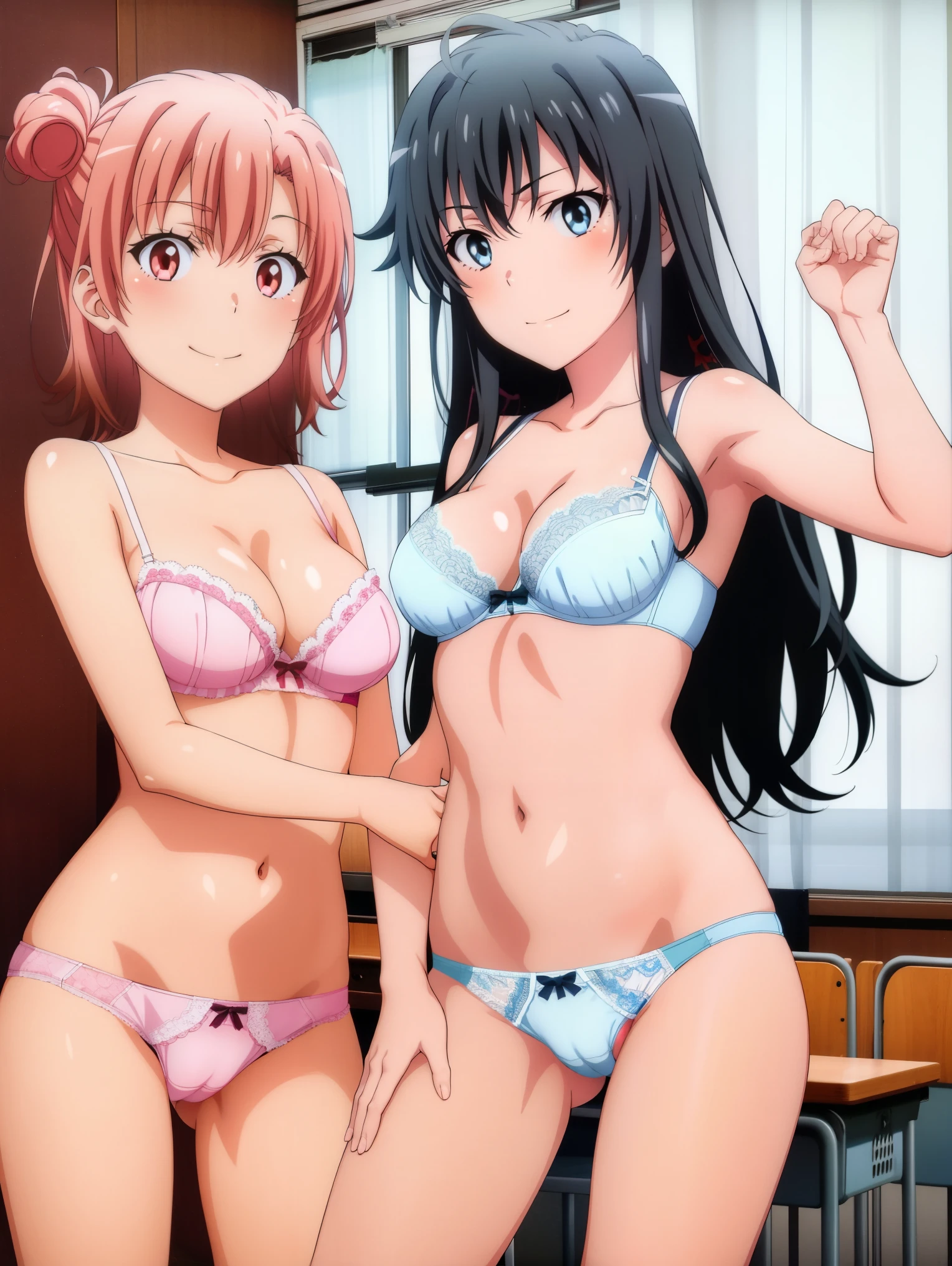 2 girls , classroom,Yukinoshita Yukino , (full breats Yuigahama Yui ), waltz dance , underwear,,(Pussy cameltoe in panties:1.0),white bra,(white string panties:1.0),pink bra,(pink string panties:1.0),