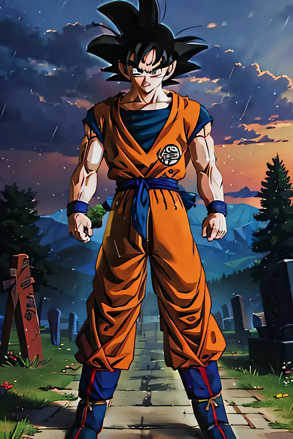 goku crying in the rain in front of a tombstone