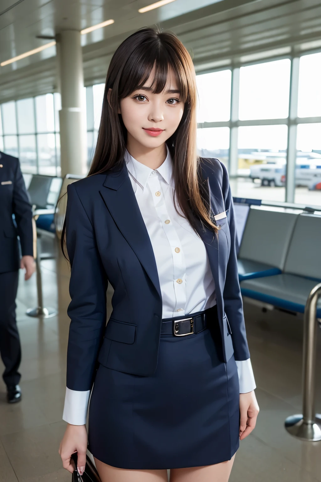 highest quality, masterpiece, 8k, ultra high resolution, (realistic: 1.4), 1 girl, beautiful face, symmetrical eyes, big, perfect body proportions, ((Bangs Patsun))、stewardess uniform, the gaze of the beholder, (Inside the airport: 1.2), Front view, Absolute area (1.3),friendly smile