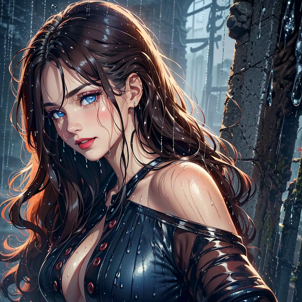 (Best quality, 4K, tmasterpiece :1.Beutiful women, 1 Sister, (, attractive body :1.2), Abs :1.1, dark brown hair: 1.1, (rainy wet, wet from rain, Soaked :1.2), long hair, ponny hair, The face very detailed, detailed lips, red lips,detailed eyes,  blue eyes, double eyelid, smile.