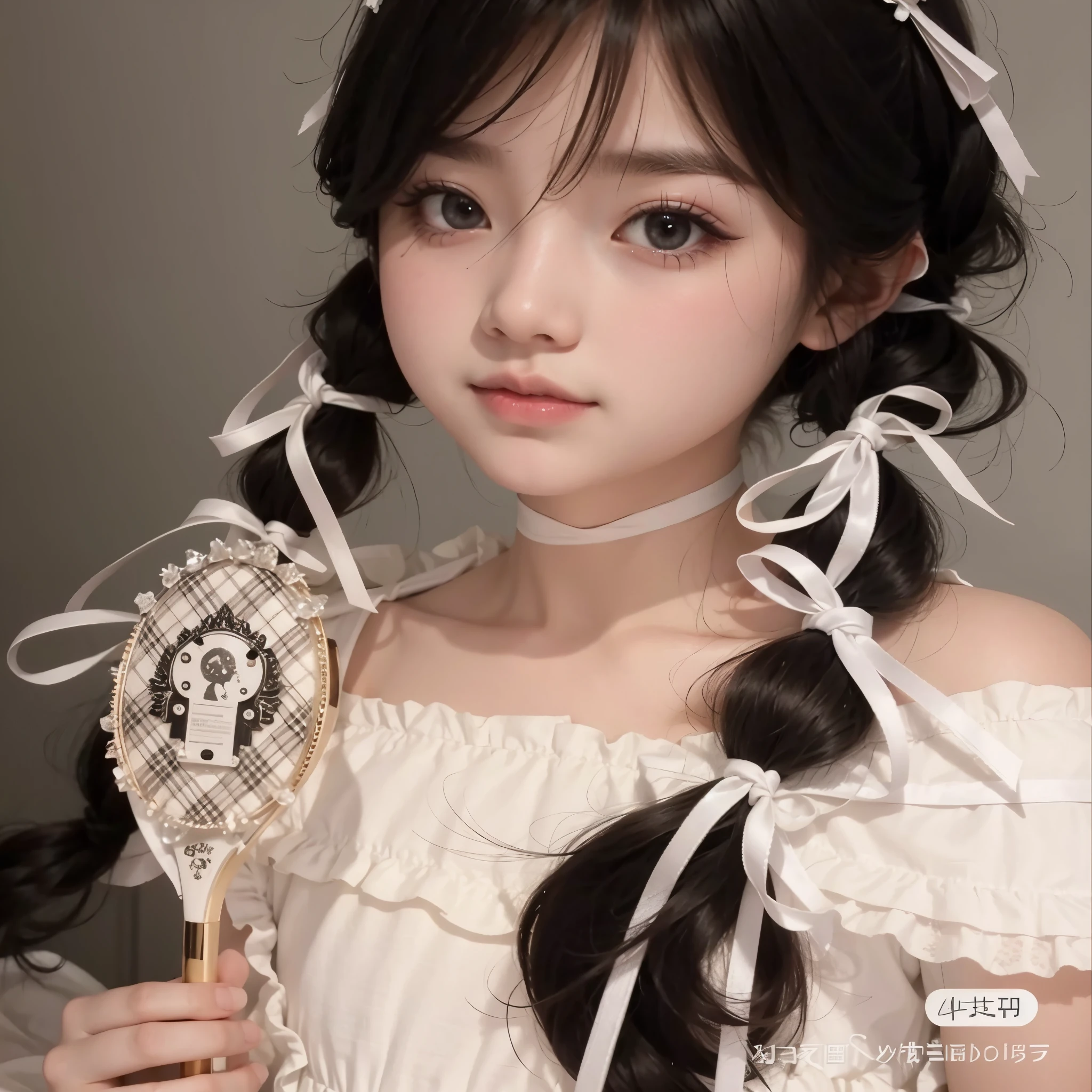 There's a woman with a hairbrush and a dress, Bela Delfina, Ulzzang, braids hairstyle, kawaii assustador, young pale ghost, with black braids, cosplay de anime, fairy core, penteado twintails, magical lolita girl portrait, penteado kawaii, muito linda gatinha fofa, fitas de cabelo preto, Guweiz, penteado com corte hime branco