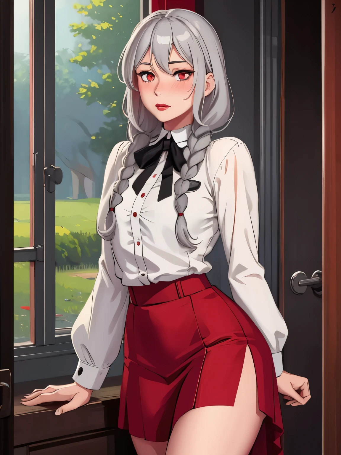 (masterpiece, best quality:1.2), aka6, 1girl, solo, long hair, braids, grey hair, red eyes, lips, red lips, closed mouth, blush, blouse, medium skirt, cowboy shot, thighs