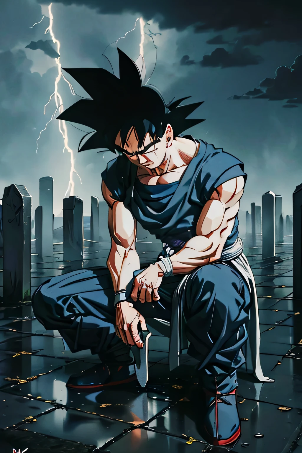 (best quality,4k,8k,highres,masterpiece:1.2),ultra-detailed,(realistic,photorealistic,photo-realistic:1.37),goku in a heavy downpour,face clearly visible,crying in sadness,grief-stricken expression,tight fist as he clenches his heart,big bright tears streaming down his cheeks,water dripping from his wet hair,black spiky hairstyle glistening in the rain,trembling lips,mourning at a tombstone,engraved with the name of a loved one,gravestone covered in raindrops,goku's sorrowful shadow reflected on the wet ground,stormy gray sky,thunder and lightning illuminating the scene,misty atmosphere,water splashing around his feet,expression of pain and loss,emotional scene,melancholic ambiance,deep feelings of regret and longing,feeling of isolation,heavy downpour intensifying the emotions,heart-wrenching moment,stark contrast between goku's sadness and the gloomy weather,emphasis on the emotional depth and vulnerability of the character,artistic rendering,monochromatic or desaturated color palette,rich shading and contrast,dramatic lighting,subtle color grading to enhance the mood and atmosphere.