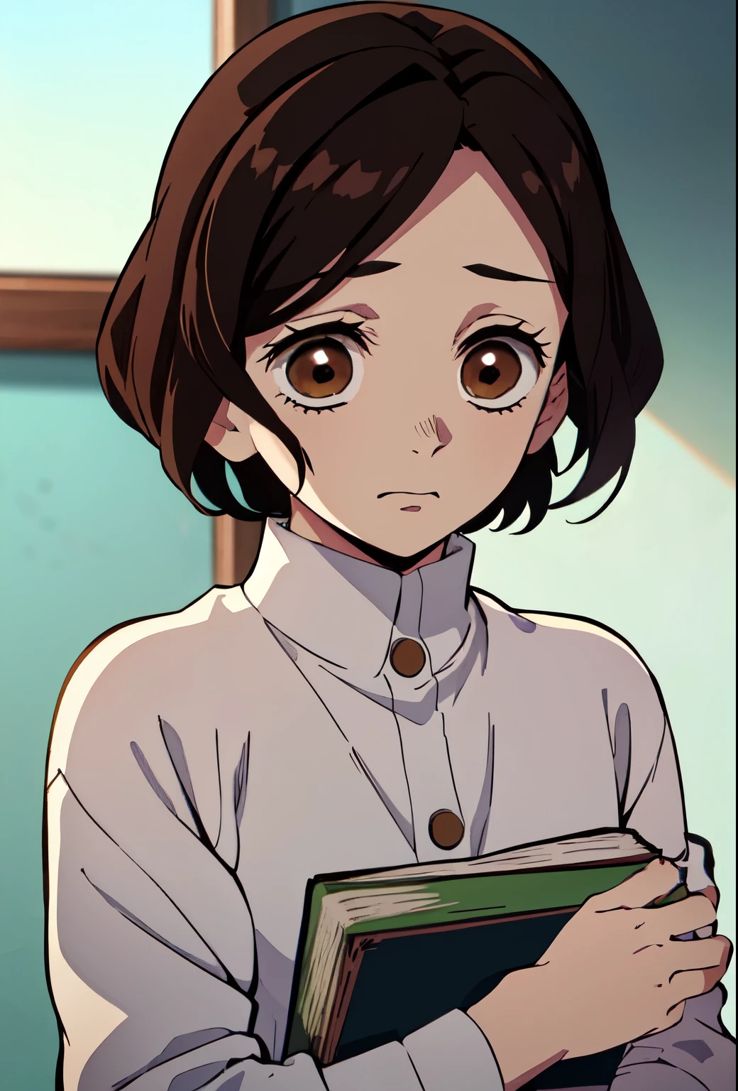 Estilo kimetsu no yaiba mejor calidad 0.8, beautiful short brown hair girl with detailed brown eyes ((verdes)) opacos y tristes detallados. Llora desconsolada, su rostro tiene suciedad, primer plano. Portada de libro. Tristeza, Worry. (Sola) 