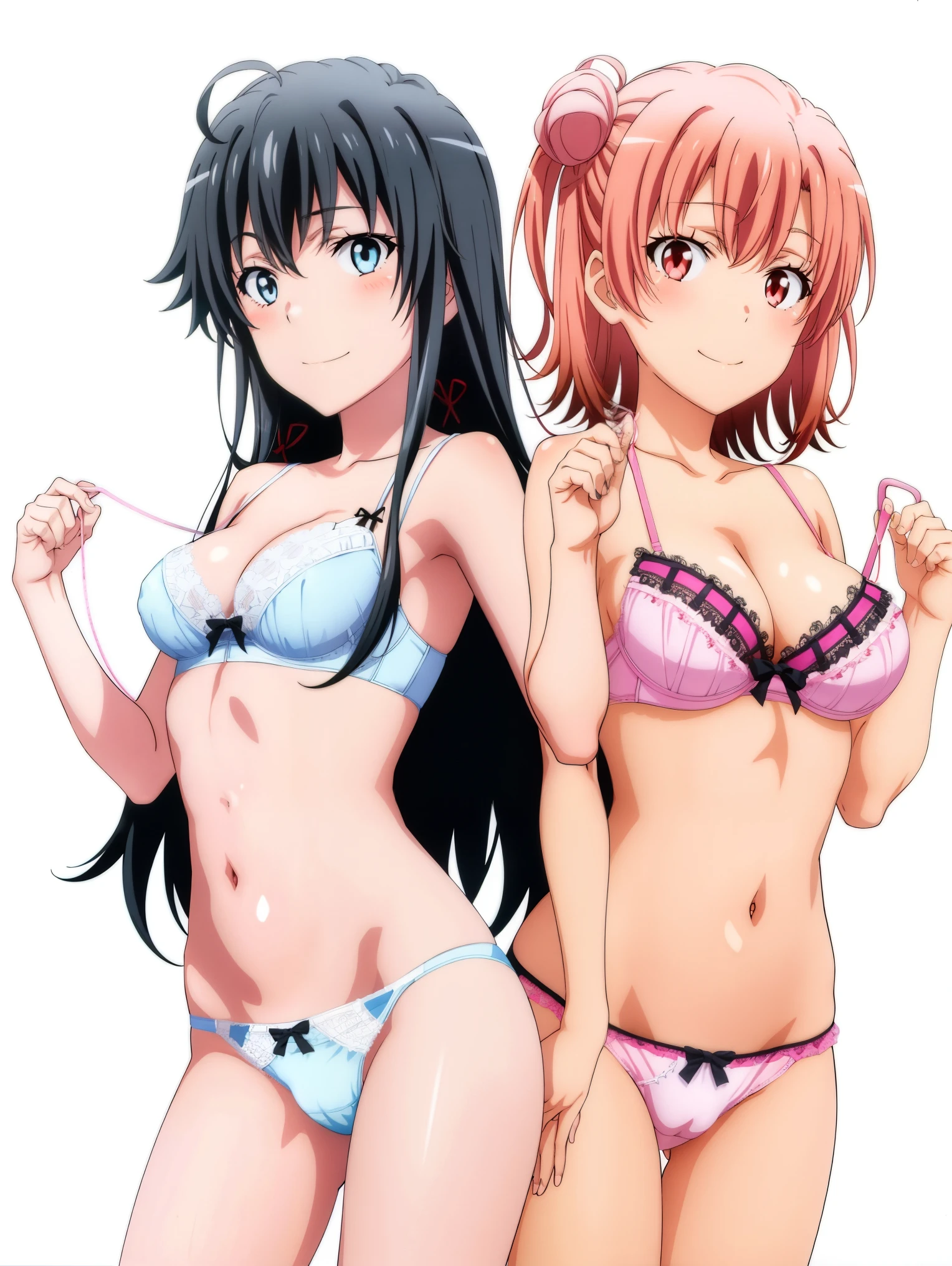 2 girls , No background,Yukinoshita Yukino , (full breats Yuigahama Yui ), waltz dance , underwear,,(Pussy cameltoe in panties:1.0),white bra,(white string panties:1.0),pink bra,(pink string panties:1.0),