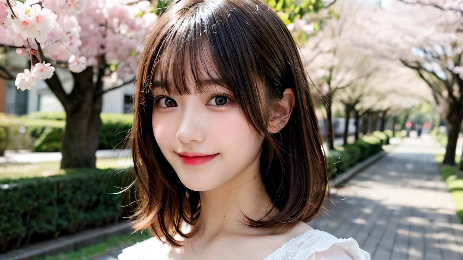 table top, highest quality, shape, Super detailed, finely, High resolution, 8k wallpaper, 完璧なダイナミックな構shape, finelyて美しい目, Wearing a pink dress,medium hair,natural color lip, smile,Harajuku、teenage girl、cute、looking at the camera、C cup、brown hair、Blurred cherry blossom background