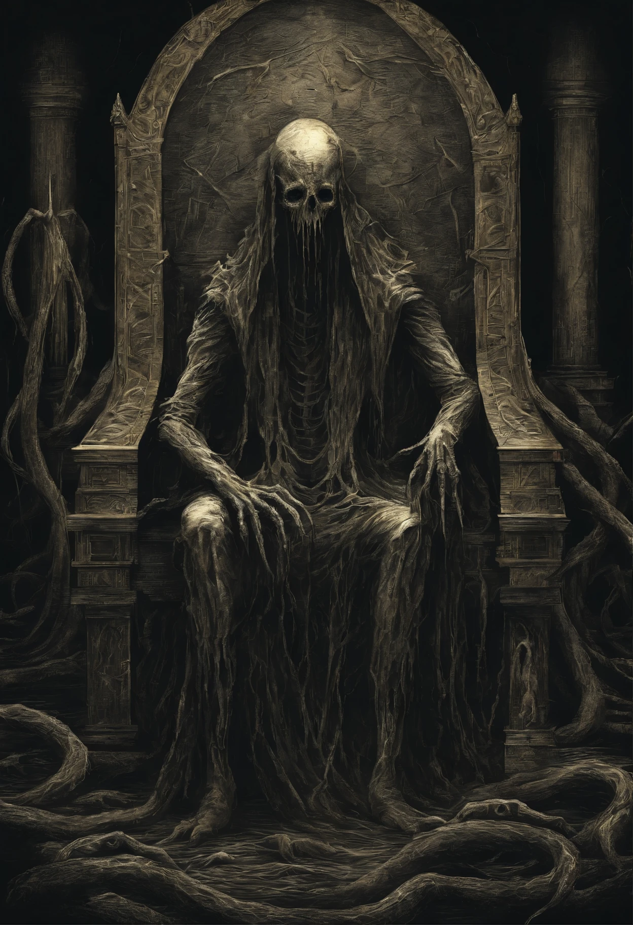 The king in yellow from Lovecraft tale. He is sat at his throne and his tentacles are crawling out through the bottom of his mantle.