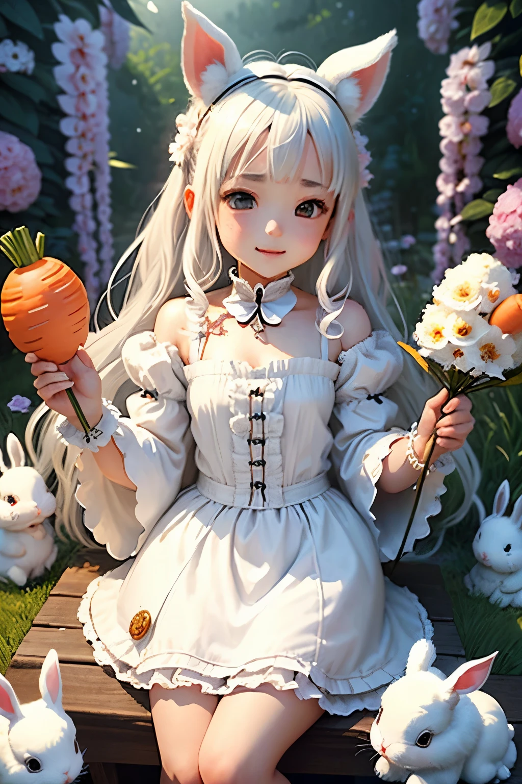 masterpiece、high quality、high resolution、High resolution、genuine、3D、two girls、sisters、white hair、(white rabbit&animal ears)、fluffy ears、small ears、rabbit girl、fluffy fur、Carrot、maid、a shining smile、anger mark on temple、narrow your eyes、tight mouth、fold your armenacing aura