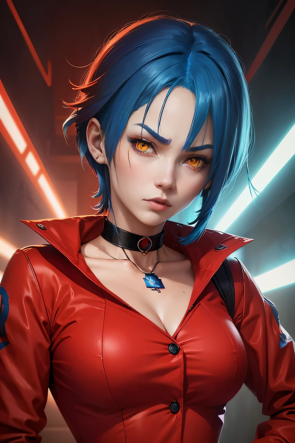 anime style, face portrait, female character, (((red clothes))), (((blue hair))), short hair, purple choker, (((yellow eyes))), red maid uniform, detailed, 8k, high quality, emotional effects, anime style, angry face, samurai