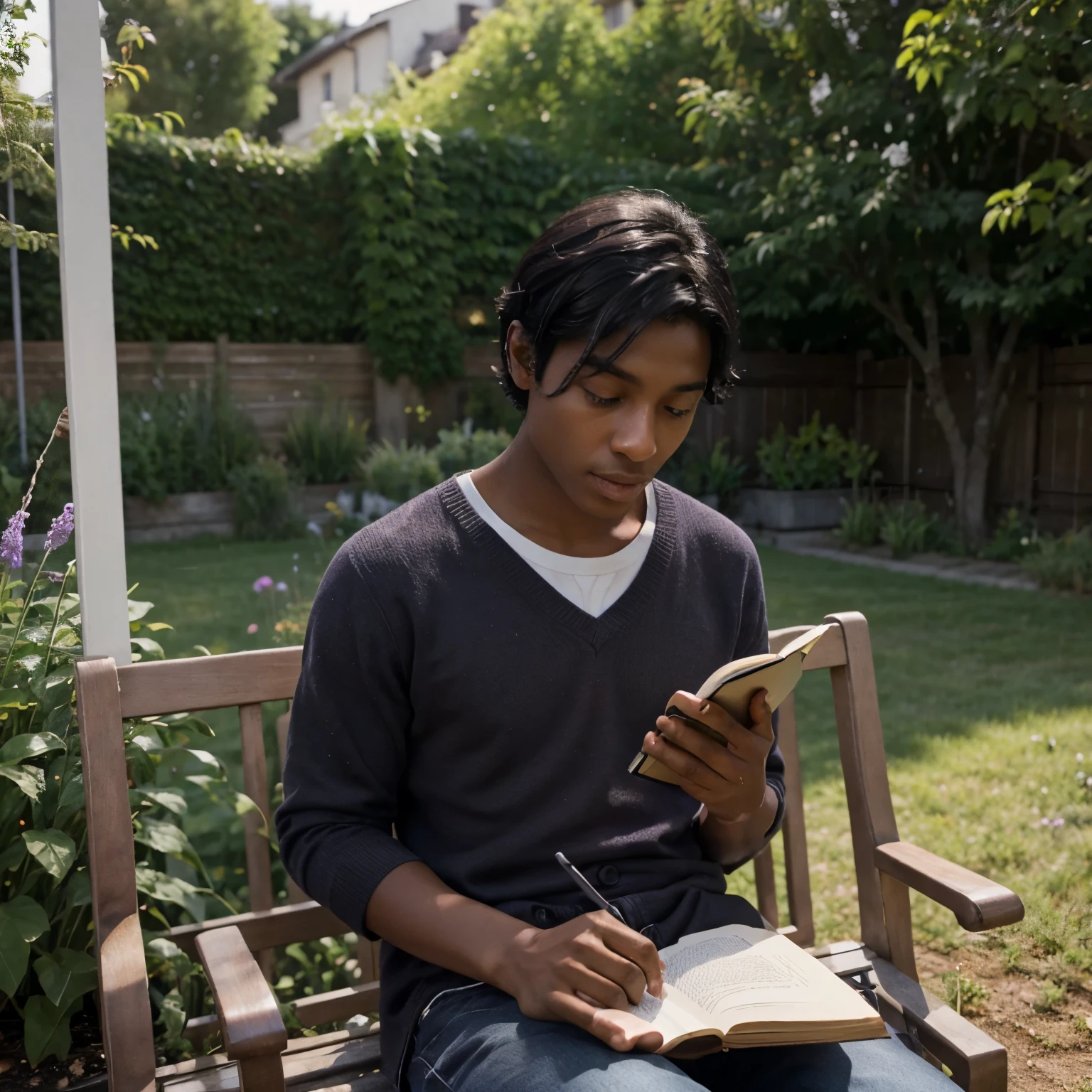 A black hair dark skin boy with purple eyes reading a book while sitting in the garten 