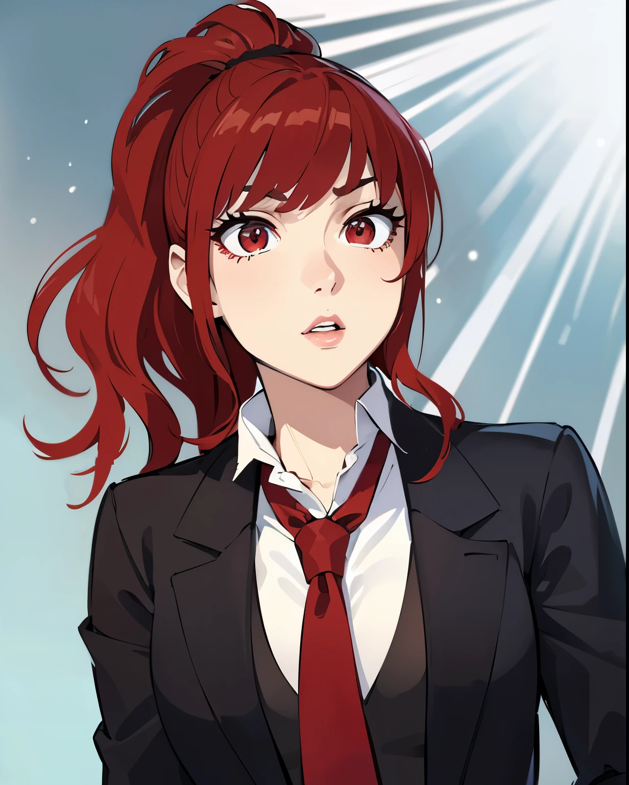 (masterpiece, best quality:1.4), (extremely detailed, 8k, uhd), cinematic shot, natural lighting, ultra highres, vibrant rich colors, (beautiful, aesthetic, perfect, delicate, intricate:1.2), (sharp focus, from front:1.3), eye level shot, 1girl, portrait of a anime girl, young, red hair, (extremely hot, attractive, beautiful, sexy, feminine:1.2) serious expression, serious look, serious eyes, expressive brown eyes, long eyelashes, relaxed,(beautiful detailed face, highly detailed skin, red eyes), gorgeous, breathtaking beauty, seductive, captivating, pale skin, perfect female figure, (slim:0.5), (wearing a dark t-shirt :1.2), (highly saturated lipstick, luscious thick lips), intricate details, daytime, award winning photography, detailed background, volumetric fx, anime, hyper-detailed