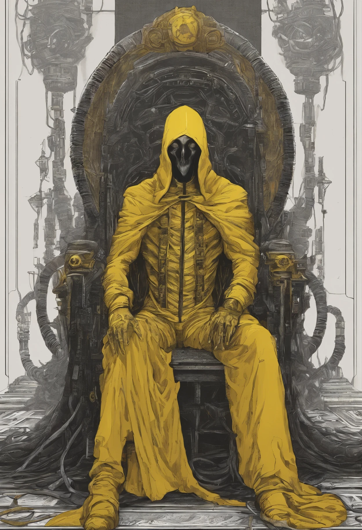 The king in yellow from Lovecraft tale. He is sat at his throne and his tentacles are crawling out through the bottom of his mantle.