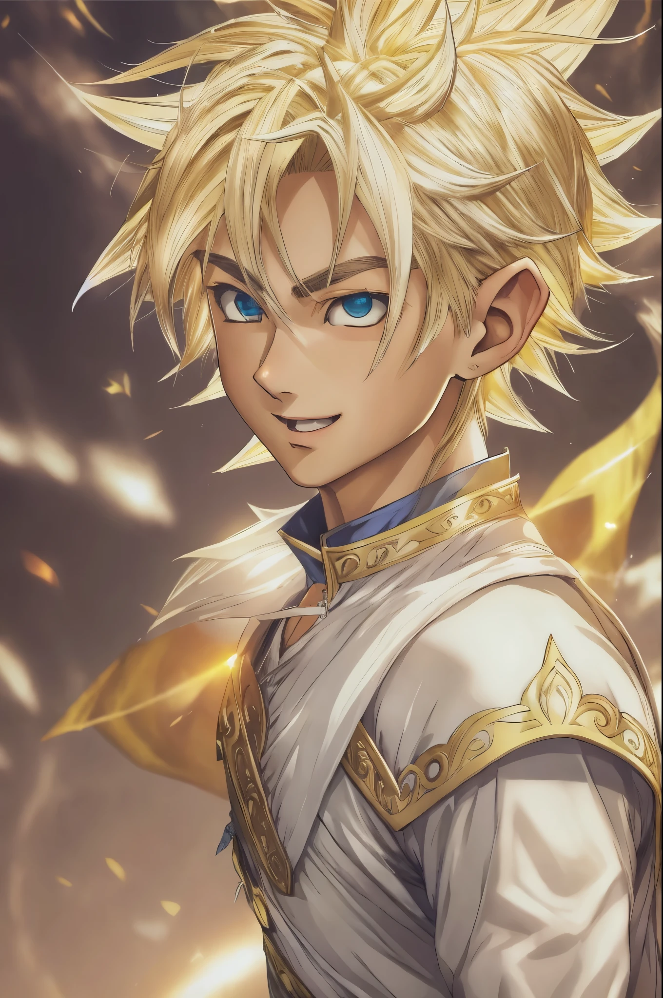 (master piece), 8k, best quality, elf boy, naive, male, teenager, ************, 1.70 meters tall, white skin, thin body, pointed elf ears, beautiful finely detailed silver eyes, high forehead, spiky yellow blonde hair like Gohan from the anime dragon ball (super sayajin), incredibly handsome, conservative elven outfit, smiling, excited