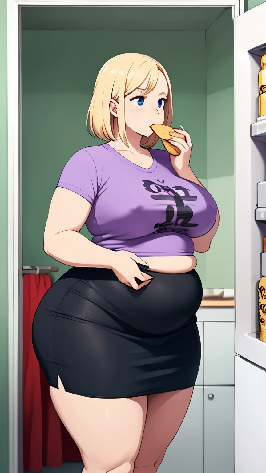 1 blonde woman, fat, wearing too small dirty t-shirt, wearing too small pencil skirt. standing in front of the fridge, sloppy, eating chips, big breasts, wide hips, shirt straining around her belly and bust. big bust. pencil skirt.