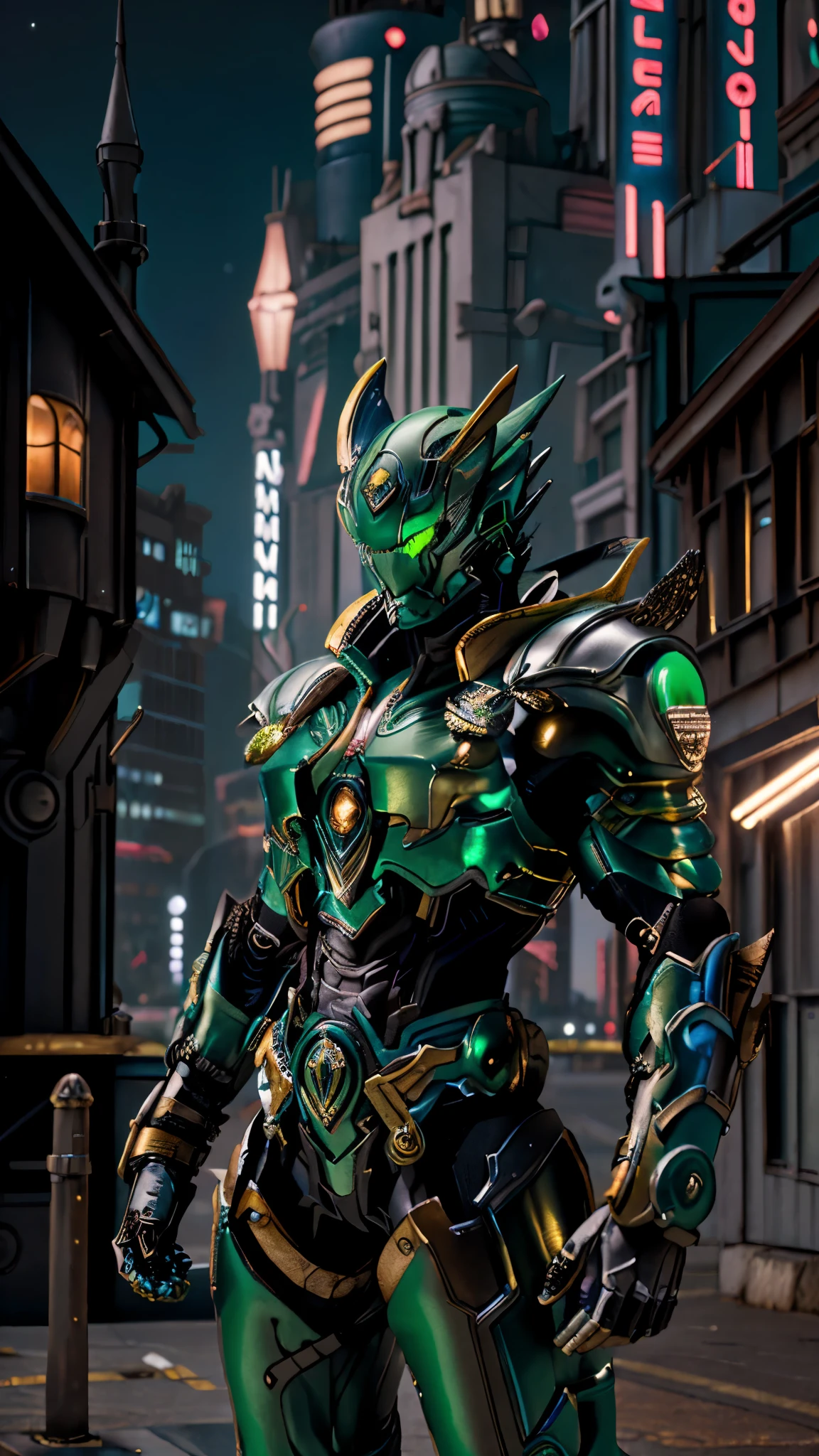 A woman adorned in fantasy-style full-body armor, a crown-concept fully enclosed helmet that unveils only her eyes, a composite layered chest plate, fully encompassing shoulder and hand guards, a lightweight waist armor, form-fitting shin guards, the overall design is heavy-duty yet flexible, ((the armor gleams with a blue glow, complemented by black and green accents)), exhibiting a noble aura, she floats above the Futuristic city, this character embodies a finely crafted fantasy-surreal style armored hero in anime style, exquisite and mature manga art style, (Bat concept Armor, photorealistic:1.4, real texture material:1.2, professional photo, cinematic), ((city night view, element, energy, elegant, goddess, femminine:1.5)), metallic, high definition, best quality, highres, ultra-detailed, ultra-fine painting, extremely delicate, anatomically correct, symmetrical face, extremely detailed eyes and face, high quality eyes, creativity, RAW photo, UHD, 32k, Natural light, cinematic lighting, masterpiece-anatomy-perfect, masterpiece:1.5