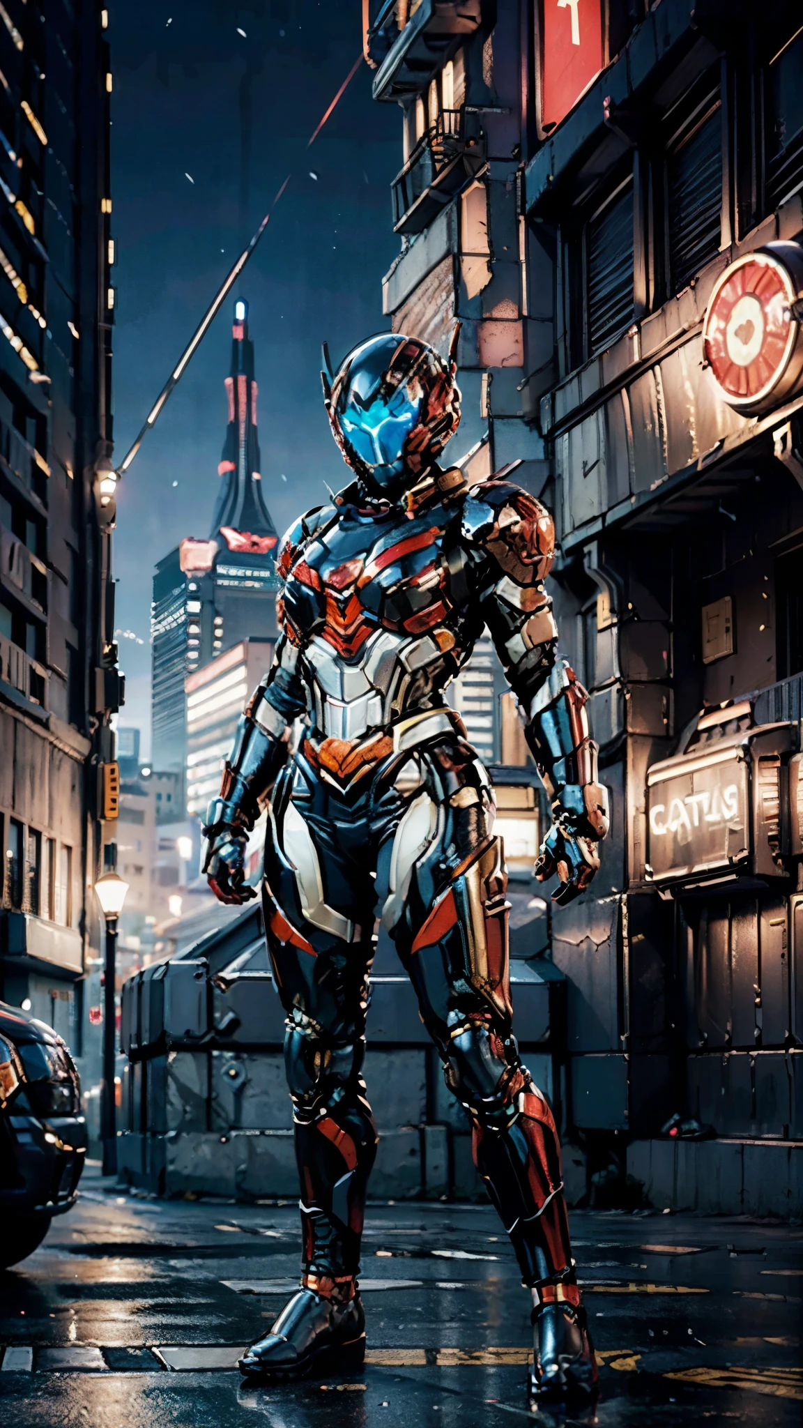 A woman adorned in fantasy-style full-body armor, a crown-concept fully enclosed helmet that unveils only her eyes, a composite layered chest plate, fully encompassing shoulder and hand guards, a lightweight waist armor, form-fitting shin guards, the overall design is heavy-duty yet flexible, ((the armor gleams with a White glow, complemented by red and blue accents)), exhibiting a noble aura, she floats above the Futuristic city, this character embodies a finely crafted fantasy-surreal style armored hero in anime style, exquisite and mature manga art style, (Eagle concept Armor, photorealistic:1.4, real texture material:1.2, professional photo, cinematic), ((city night view, element, energy, elegant, goddess, femminine:1.5)), metallic, high definition, best quality, highres, ultra-detailed, ultra-fine painting, extremely delicate, anatomically correct, symmetrical face, extremely detailed eyes and face, high quality eyes, creativity, RAW photo, UHD, 32k, Natural light, cinematic lighting, masterpiece-anatomy-perfect, masterpiece:1.5