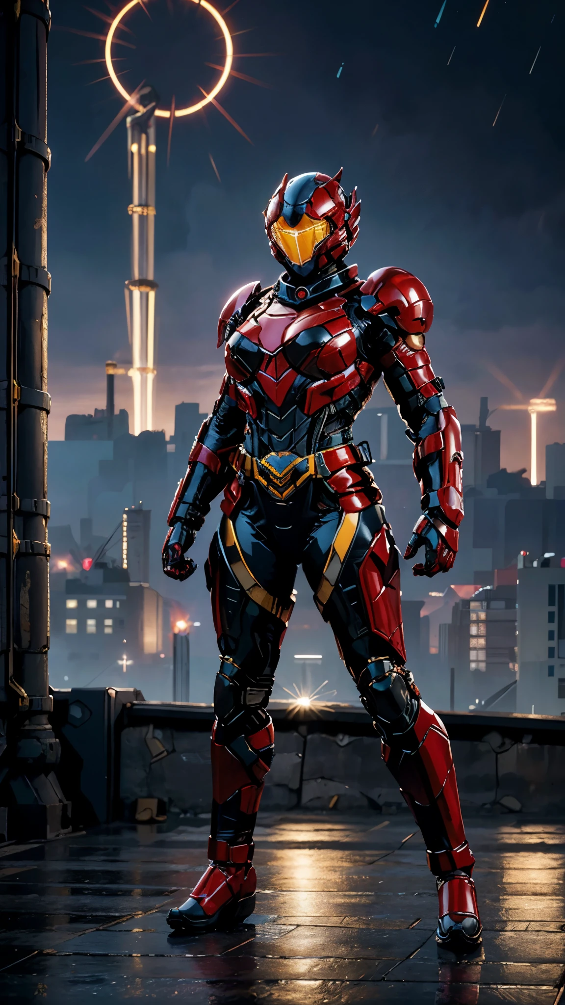 A woman adorned in fantasy-style full-body armor, a crown-concept fully enclosed helmet that unveils only her eyes, a composite layered chest plate, fully encompassing shoulder and hand guards, a lightweight waist armor, form-fitting shin guards, the overall design is heavy-duty yet flexible, ((the armor gleams with a White glow, complemented by red and blue accents)), exhibiting a noble aura, she floats above the Futuristic city, this character embodies a finely crafted fantasy-surreal style armored hero in anime style, exquisite and mature manga art style, (Eagle concept Armor, photorealistic:1.4, real texture material:1.2, professional photo, cinematic), ((city night view, element, energy, elegant, goddess, femminine:1.5)), metallic, high definition, best quality, highres, ultra-detailed, ultra-fine painting, extremely delicate, anatomically correct, symmetrical face, extremely detailed eyes and face, high quality eyes, creativity, RAW photo, UHD, 32k, Natural light, cinematic lighting, masterpiece-anatomy-perfect, masterpiece:1.5