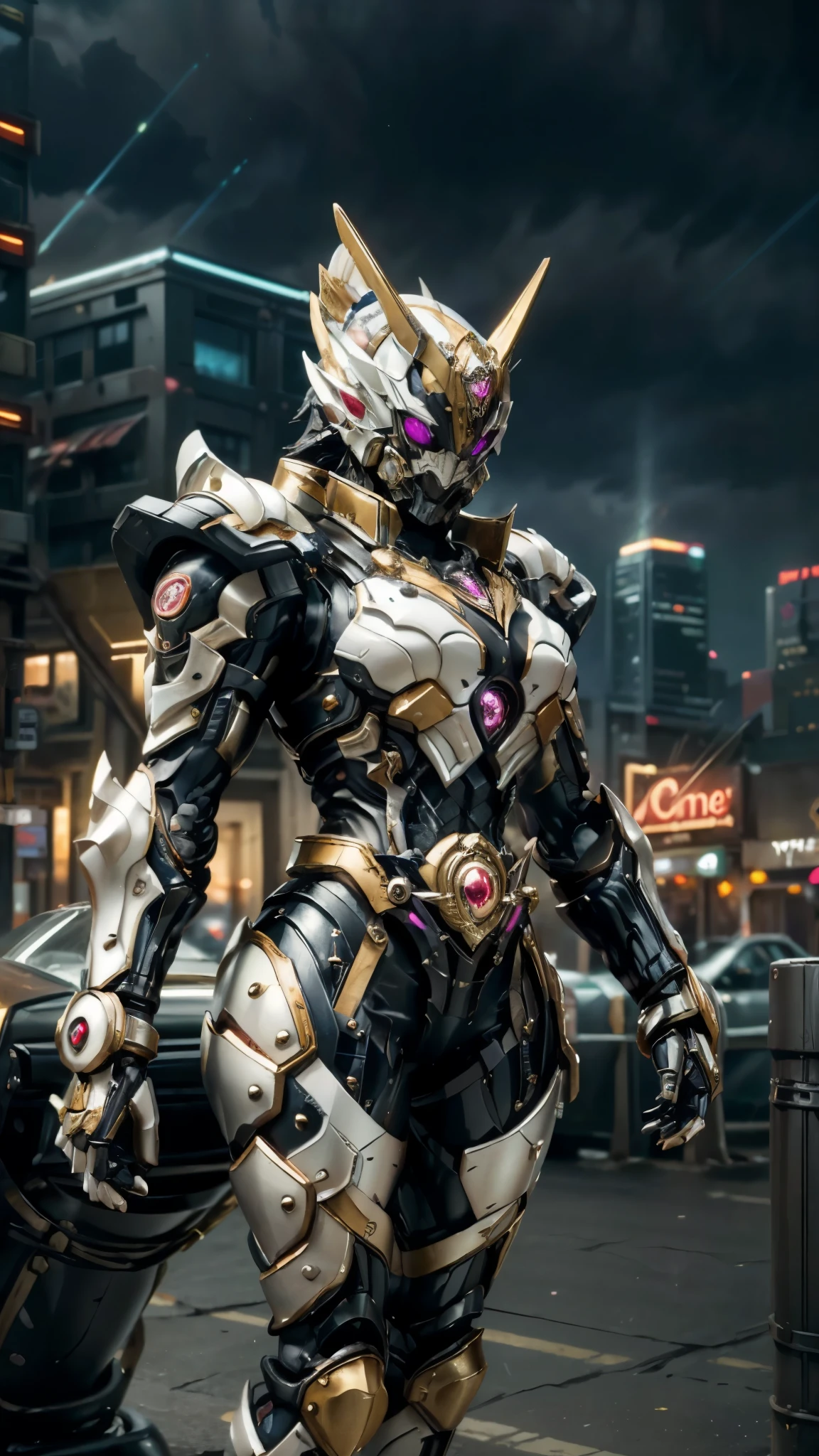 A woman adorned in fantasy-style full-body armor, a crown-concept fully enclosed helmet that unveils only her eyes, a composite layered chest plate, fully encompassing shoulder and hand guards, a lightweight waist armor, form-fitting shin guards, the overall design is heavy-duty yet flexible, ((the armor gleams with a White glow, complemented by red and blue accents)), exhibiting a noble aura, she floats above the Futuristic city, this character embodies a finely crafted fantasy-surreal style armored hero in anime style, exquisite and mature manga art style, (Eagle concept Armor, photorealistic:1.4, real texture material:1.2, professional photo, cinematic), ((city night view, element, energy, elegant, goddess, femminine:1.5)), metallic, high definition, best quality, highres, ultra-detailed, ultra-fine painting, extremely delicate, anatomically correct, symmetrical face, extremely detailed eyes and face, high quality eyes, creativity, RAW photo, UHD, 32k, Natural light, cinematic lighting, masterpiece-anatomy-perfect, masterpiece:1.5