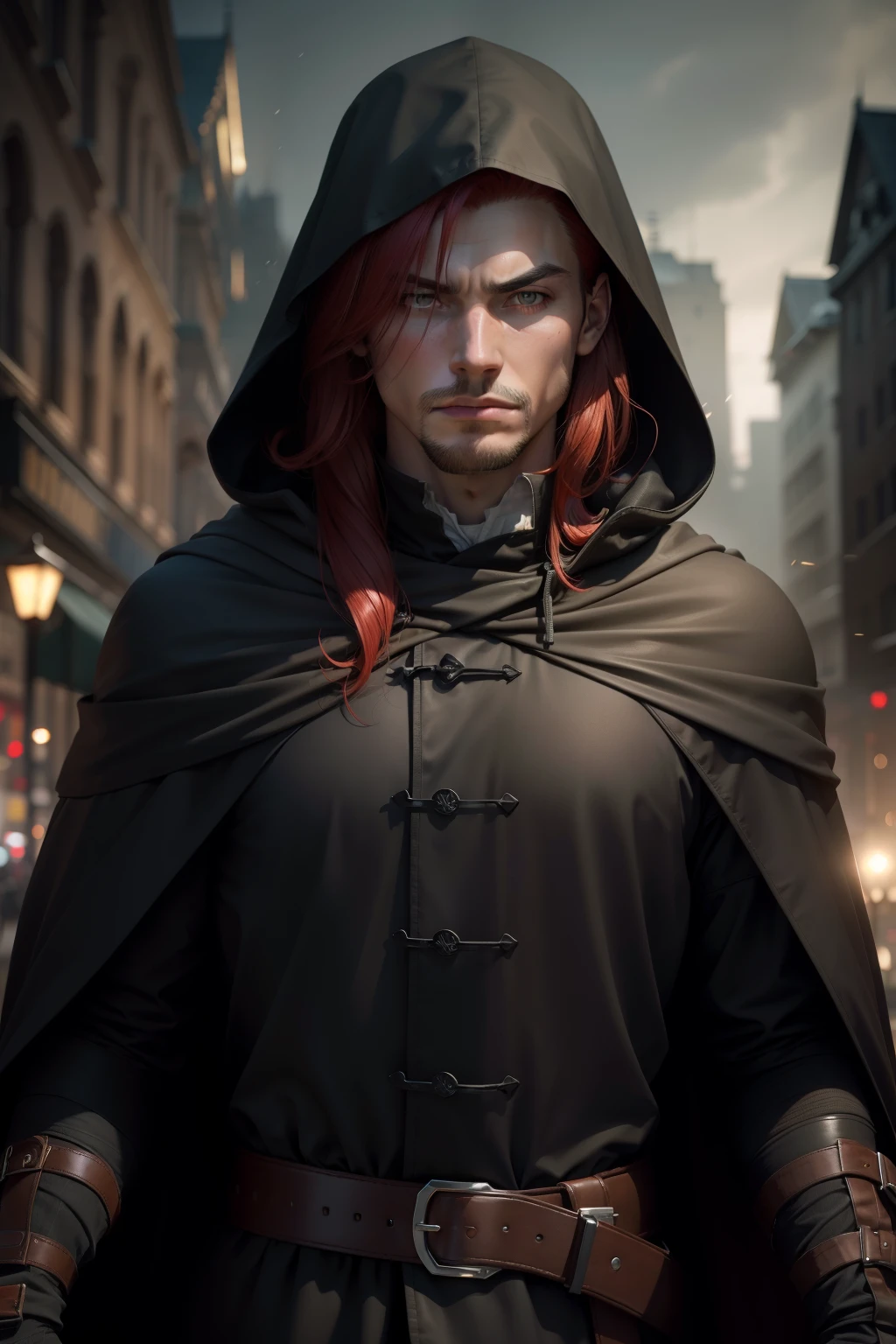 (RAW photo, 4k, masterpiece, high resolution, extremely complex) (realistic: 1.4), cinematic lighting, (((a male character))), Ground Focus, night, fog, medieval\(Style\), ( Best Quality), (Highres), (A black overcoat with a hood over his head),,(8k expressionless face),(Yellow Eyes),(ulzzang-6500:1.0),(solo),(red hair falling over his eyes ),(spectators),(without mask),lookside,(side),(mystery ambience),,((speed)),(reality),