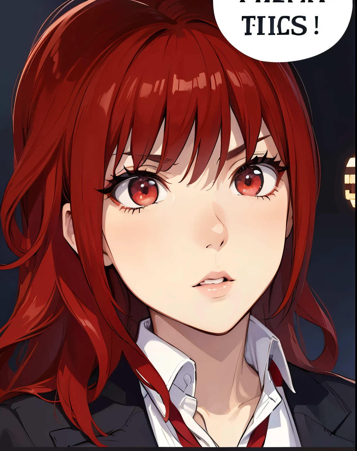 (masterpiece, best quality:1.4), (extremely detailed, 8k, uhd), cinematic shot, natural lighting, ultra highres, vibrant rich colors, (beautiful, aesthetic, perfect, delicate, intricate:1.2), (sharp focus, from front:1.3), eye level shot, 1girl, portrait of a anime girl, young, red hair, (extremely hot, attractive, beautiful, sexy, feminine:1.2) serious expression, serious look, serious eyes, expressive brown eyes, long eyelashes, relaxed,(beautiful detailed face, highly detailed skin, red eyes), gorgeous, breathtaking beauty, seductive, captivating, pale skin, perfect female figure, (slim:0.5), (wearing a dark t-shirt :1.2), (highly saturated lipstick, luscious thick lips), intricate details, daytime, award winning photography, detailed background, volumetric fx, anime, hyper-detailed
