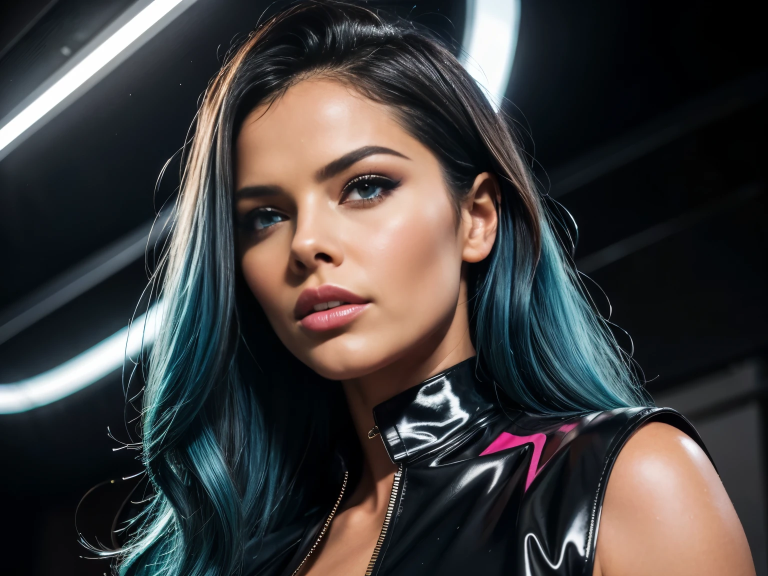 beautiful woman looking down at camera (Cheryl Cole),A woman looking like Adriana Lima, Margot Robbie, and Megan Fox,latex blouse,spits on blouse,detailed eyes and face,ultra-detailed hair,attractive appearance,confident gaze,mpt,long eyelashes,beauty,sexy,modern fashion style,black high heels,fashionable,shiny latex material,bright pink lipstick,sharp focus,vivid colors,studio lighting,. The color tone should be toned down, with professional and sharp focus. The artwork should have a portrait style and be illuminated with studio lighting, resulting in a visually striking masterpiece. Her look is stern, contemptuous  and unforgiving. Shot from below, whip, blue hair, green eyes, full body