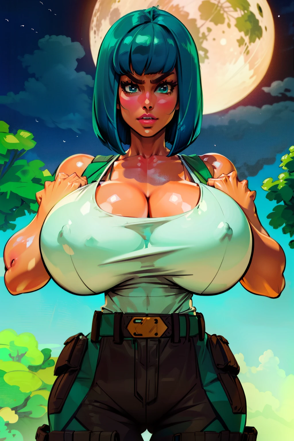 Waifu, masterpiece, curvy, breasts, moon, full moon, gloves, 1girl, clenched teeth, bulma, cleavage, hair split in middle, large breasts, teeth, ((aqua hair)), ((white tank top:1.2)), blue eyes, rating:explicit,rule34, hardcore, tits,clenched hands, night, sky, ((brown cargo pants:1.4)),(white skin:1.4), bare shoulders, blue hair, clenched hand, rating:questionable, ((long bob:1.5)), belt, solo, angry, lip biting(gigantic and massive tits:1.1), breasts, official illustration, illustration, detailed face, beautiful intricate eyes, curvy milf, 1:2), titsnipples