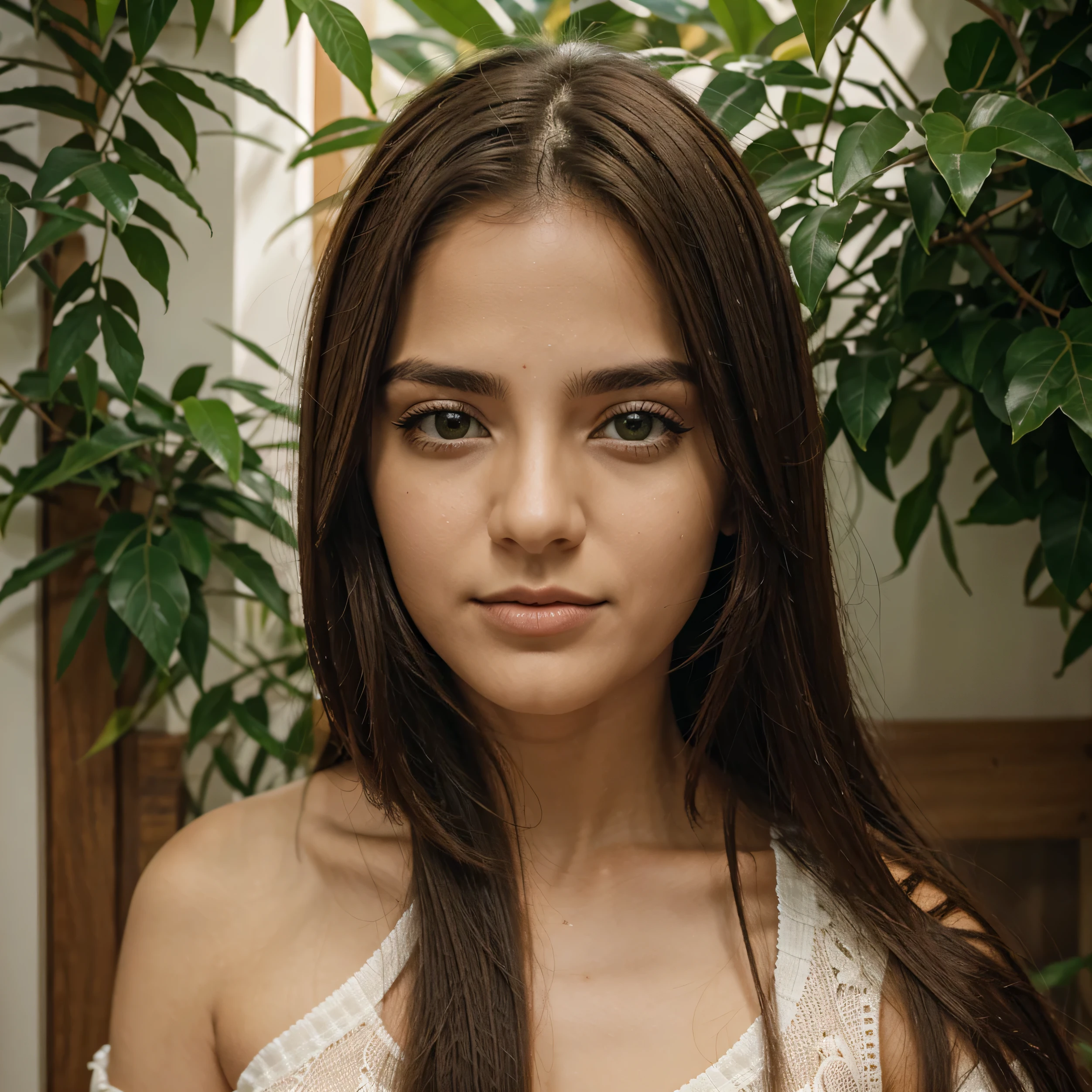 1 garota, 20 anos de idade, baixa, cabelo um pouco ondulado e grande, olhos castanhos claro,