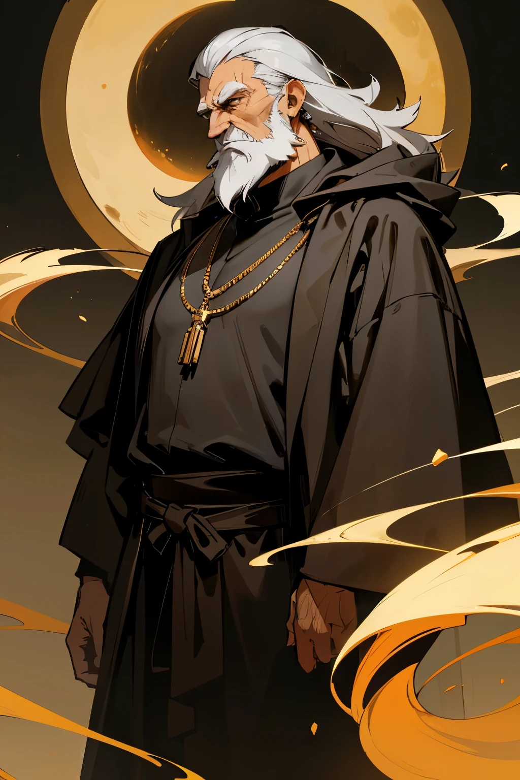 avatar,grey hair, golden necklace, black shirt,grey robe, earrings, old man, brown eyes, moonligh, long beard, royalty, black hood