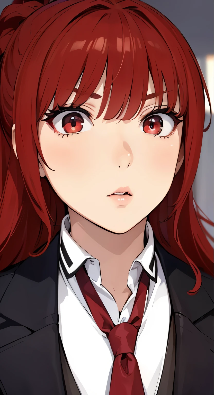 (masterpiece, best quality:1.4), (extremely detailed, 8k, uhd), cinematic shot, natural lighting, ultra highres, vibrant rich colors, (beautiful, aesthetic, perfect, delicate, intricate:1.2), (sharp focus, from front:1.3), eye level shot, 1girl, portrait of a anime girl, young, red hair, (extremely hot, attractive, beautiful, sexy, feminine:1.2) serious expression, serious look, serious eyes, expressive brown eyes, long eyelashes, relaxed,(beautiful detailed face, highly detailed skin, red eyes), gorgeous, breathtaking beauty, seductive, captivating, pale skin, perfect female figure, (slim:0.5), (wearing a dark t-shirt :1.2), (highly saturated lipstick, luscious thick lips), intricate details, daytime, award winning photography, detailed background, volumetric fx, anime, hyper-detailed