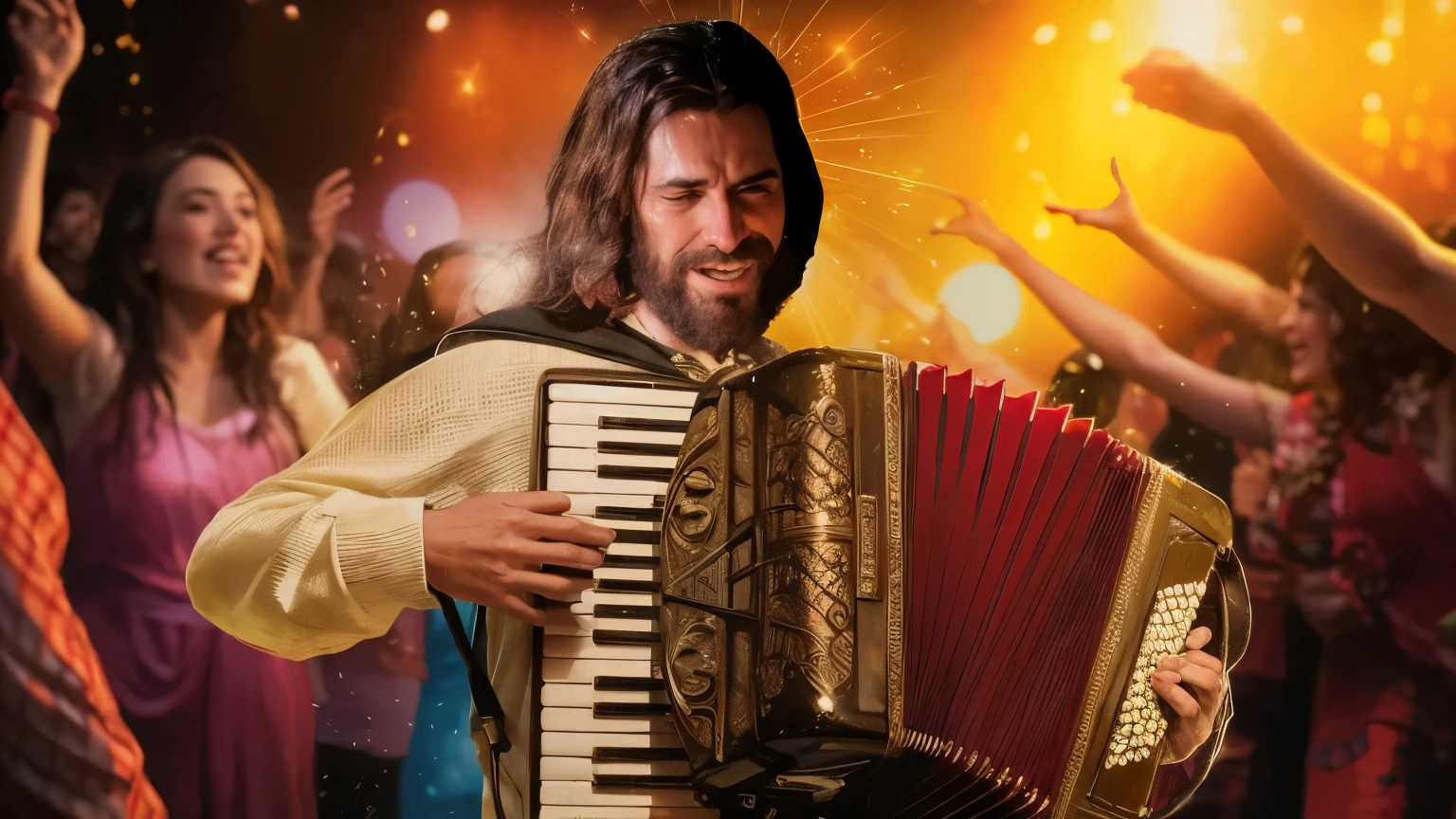 4k realistic photo of Jesus playing the accordion in front of a crowd,