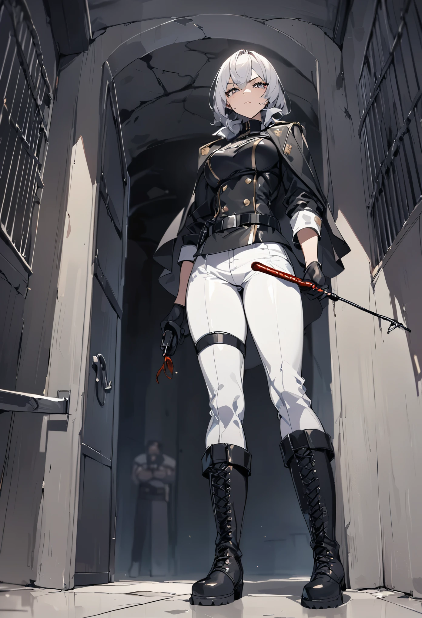 Mature female, ((solo)),(1girl),standing, full body, authority, leather outfit, dominant, (muscular:0.5), long sleeves, black gloves, double-breasted, (black knee-high combat boots:1.4), (white pants:1.2), slim, devious, seductive, evil, confident,belt, cape, standing, dungeon, bedroom, military uniform, looking at viewer, from below,clean floor,modern prison,guard,warden,queen,commander, (smirk:0.33),(holding riding crop:1.3),