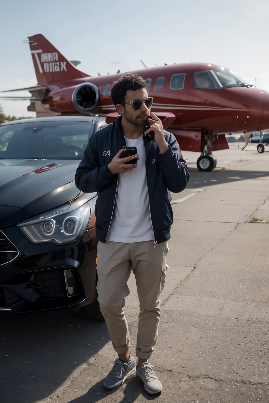 arafed man standing in front of a private jet talking on a cell phone, flaunting his wealth, vacation photo, teddy fresh, by Niko Henrichon, mkbhd, taken in the early 2020s, adrien girod, in a scenic background, cedric payravernay, anthony pafford, extremely high resolution