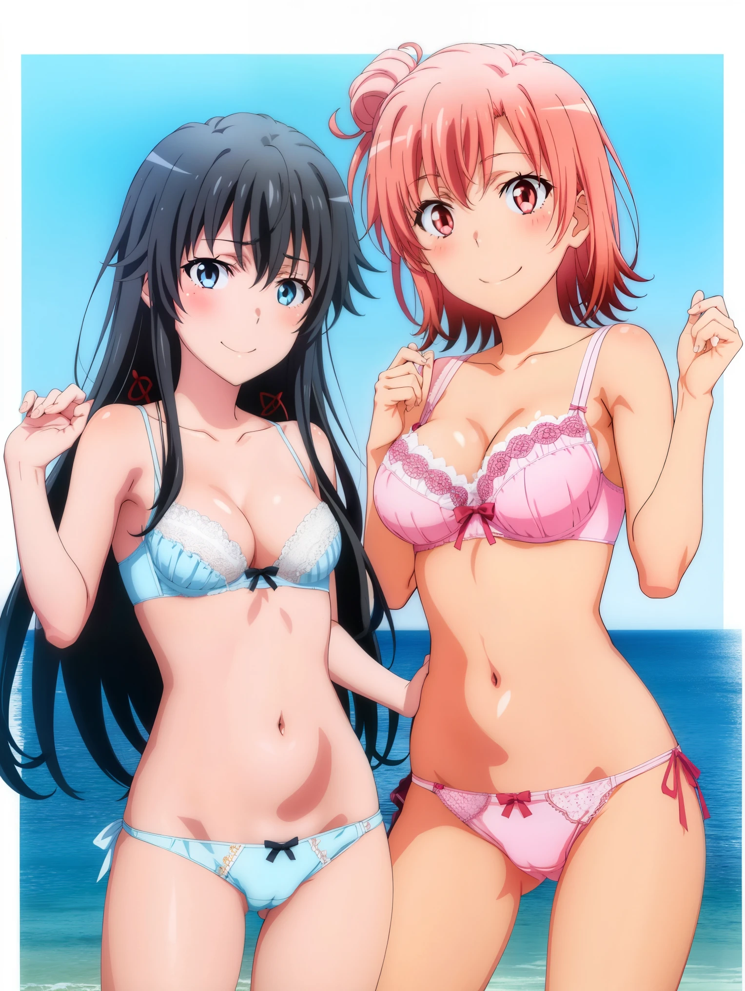 2 girls , Ocean,Yukinoshita Yukino , (full breats Yuigahama Yui ), waltz dance , underwear,,(Pussy cameltoe in panties:1.0),white bra,(white string panties:1.0),pink bra,(pink string panties:1.0),
