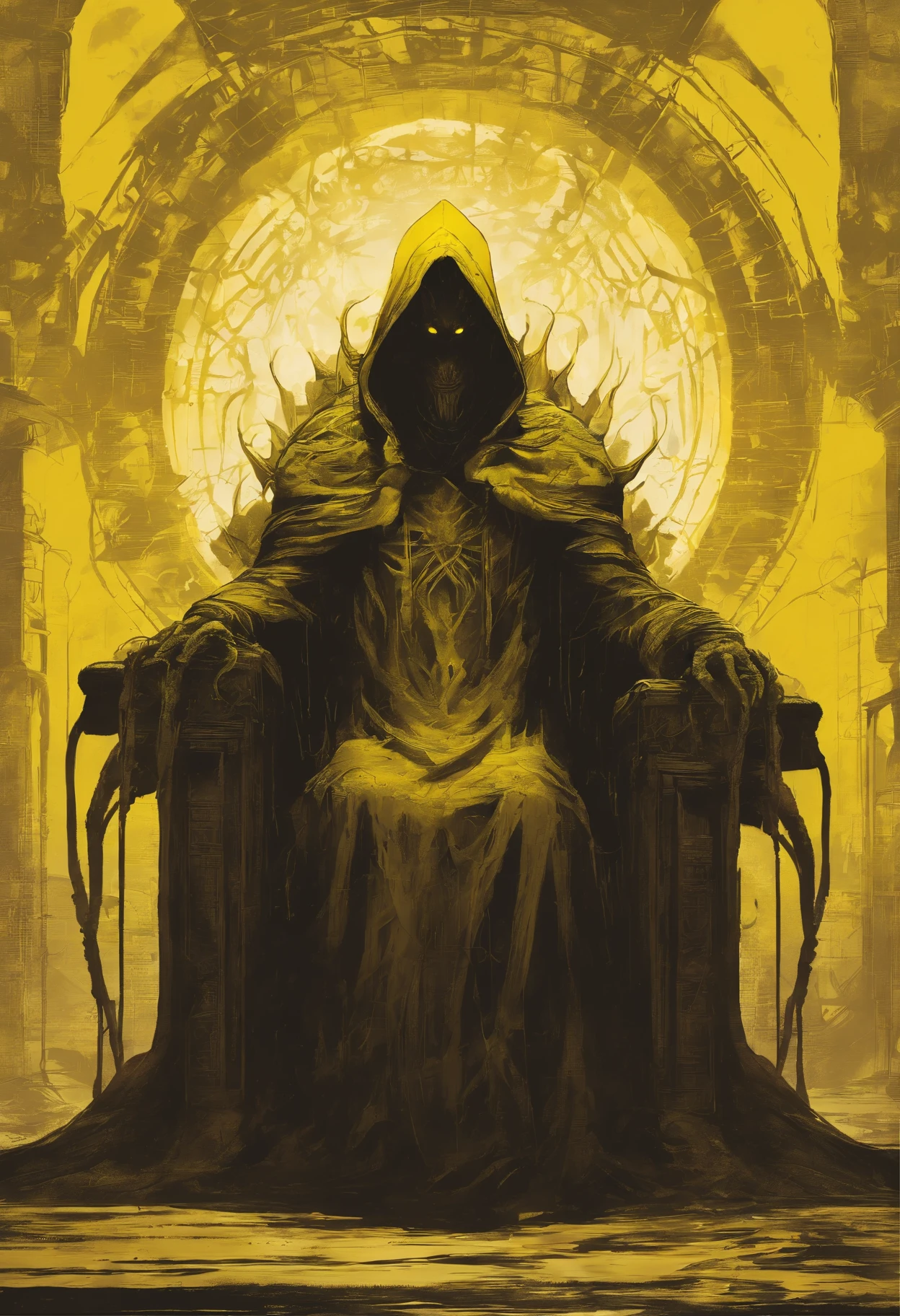 The king in yellow from Lovecraft tale. He is sat at his throne. He is wearing a hood wich projects shadows on his face. Hs tentacles are crawling out through the bottom of his mantle.