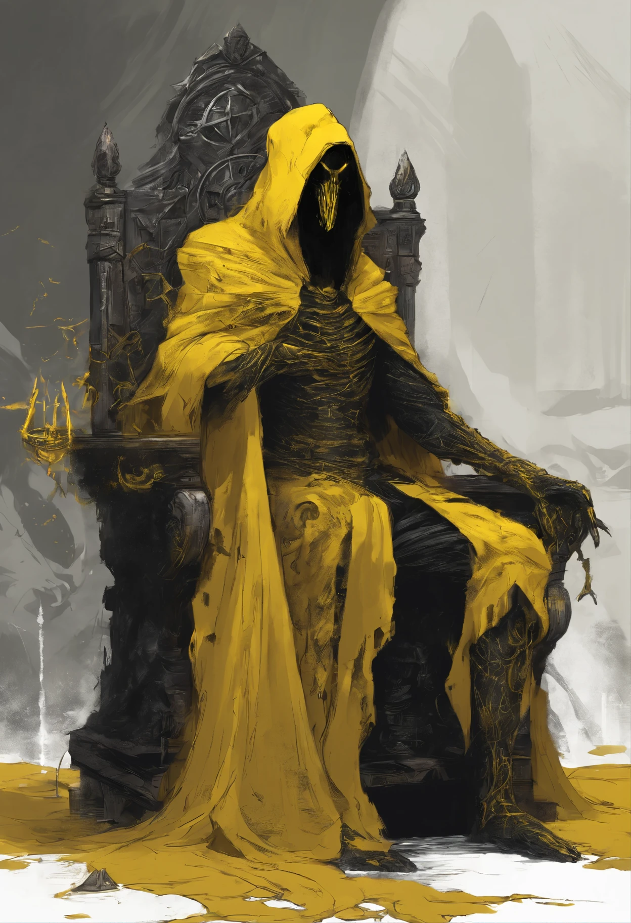 The king in yellow from Lovecraft tale. He is sat at his throne. He is wearing a hood wich projects shadows on his face. Hs tentacles are crawling out through the bottom of his mantle. 