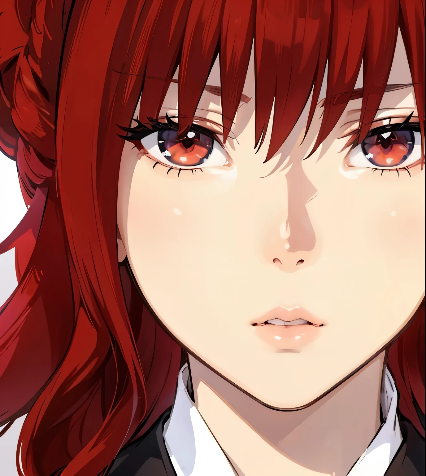 (masterpiece, best quality:1.4), (extremely detailed, 8k, uhd), cinematic shot, natural lighting, ultra highres, vibrant rich colors, (beautiful, aesthetic, perfect, delicate, intricate:1.2), (sharp focus, from front:1.3), eye level shot, 1girl, portrait of a anime girl, young, red hair, (extremely hot, attractive, beautiful, sexy, feminine:1.2) serious expression, serious look, serious eyes, expressive brown eyes, long eyelashes, relaxed,(beautiful detailed face, highly detailed skin, red eyes), gorgeous, breathtaking beauty, seductive, captivating, pale skin, perfect female figure, (slim:0.5), (wearing a dark t-shirt :1.2), (highly saturated lipstick, luscious thick lips), intricate details, daytime, award winning photography, detailed background, volumetric fx, anime, hyper-detailed
