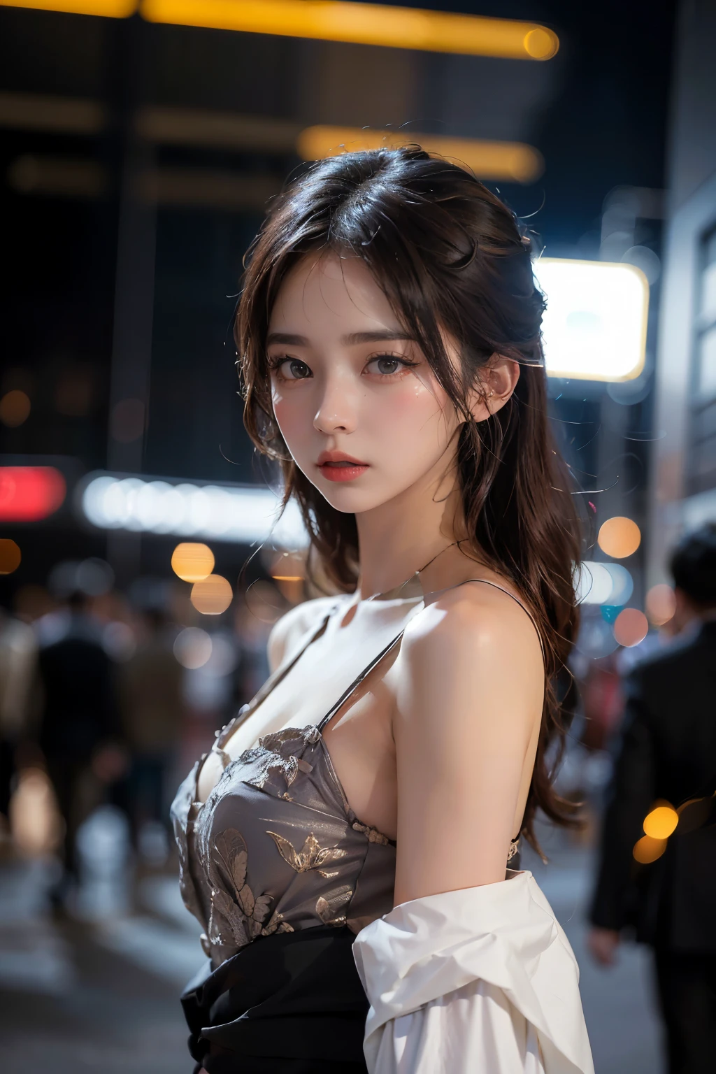 ((best quality)), ((masterpiece)), (Cinematic Aesthetic:1.4) Photo of a beautiful korean fashion model bokeh city night