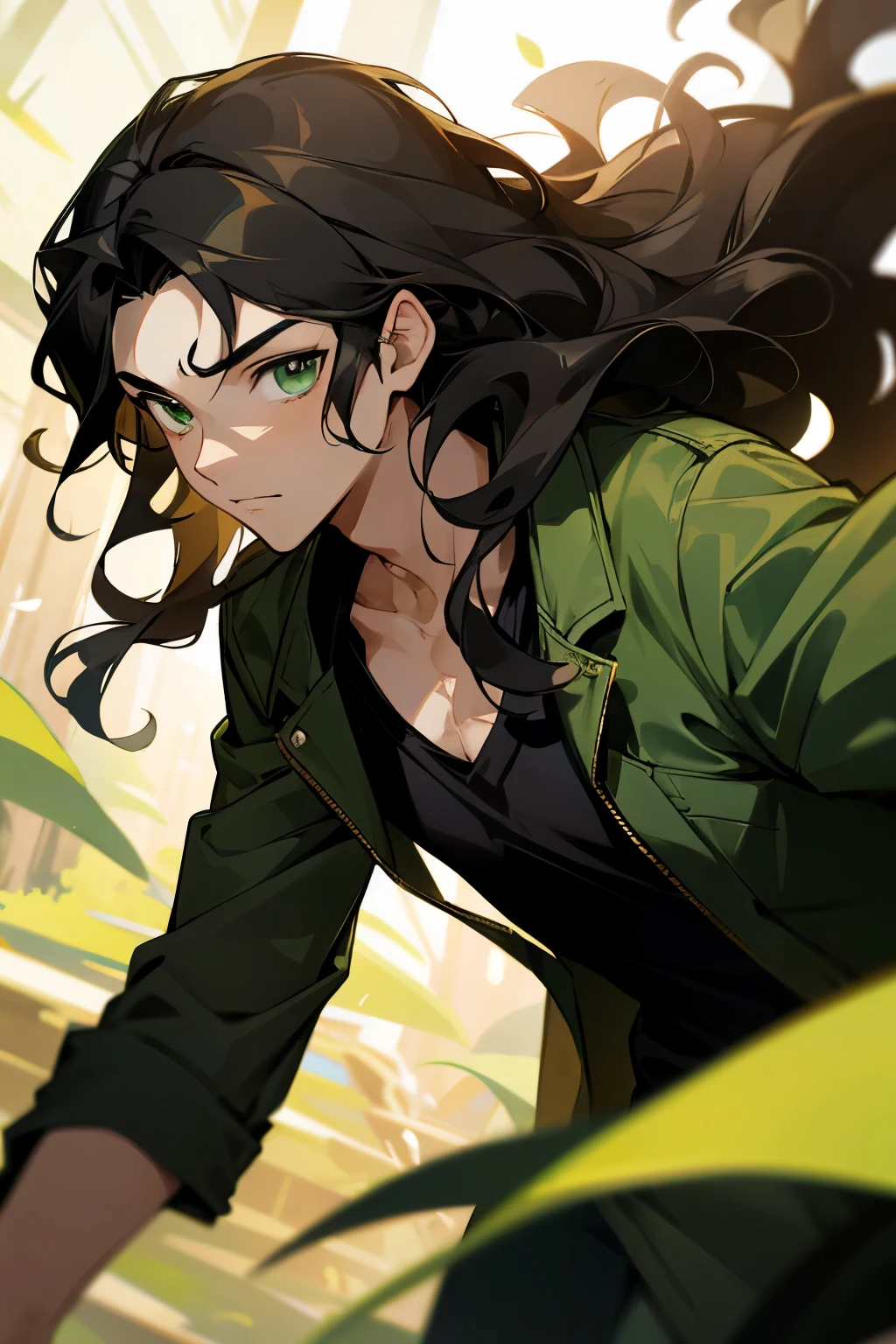 avatar,wavy hair, black shirt,green jacket, young male, hazel eyes, sunlight, black hair
