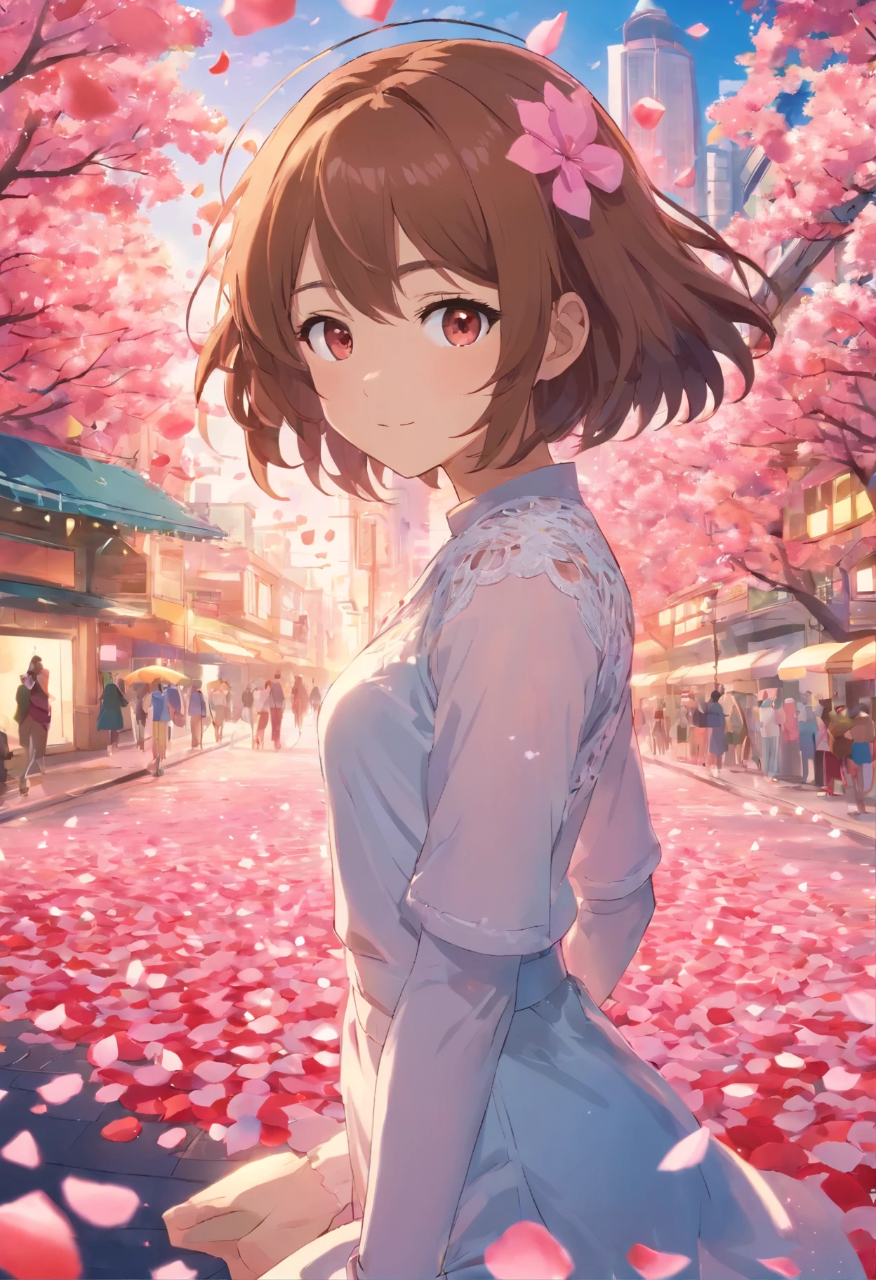 ((IN FRONT a background kalediscope of pink rose petals is A slim age girl 5'6 tall with chesnut-browne long hair, brown eyes large almond-shape eyes with long eyelashes, wearing a tight body skirt romper with white lacy knee high stockings, a white helmet with a glass visor is over her eyes