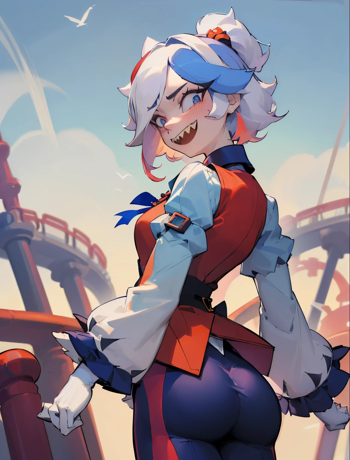 (tmasterpiece, beste-Qualit:1.2), solo, a 1girl, Colette, sharp teeth, \:d, amusement park background, white colored hair, Shirt with two-tone collar, red vest, sleeves behind wrists, Back, behind, Shows ass